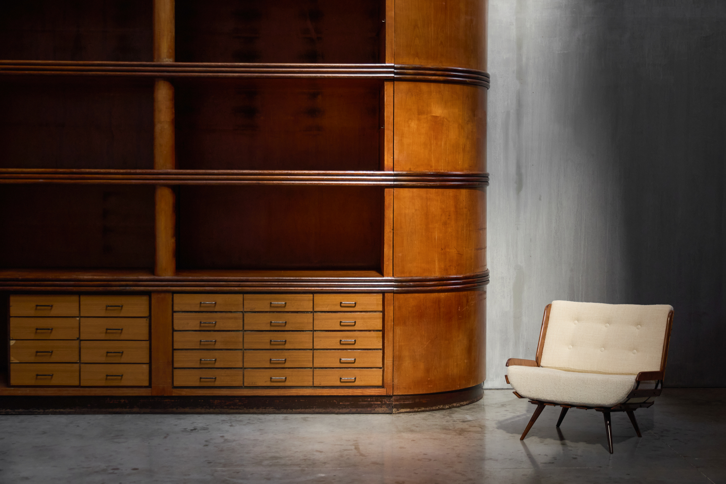 Monumental Art Deco Display Corner Cabinet with Drawers, Italy - Mid-20th Century