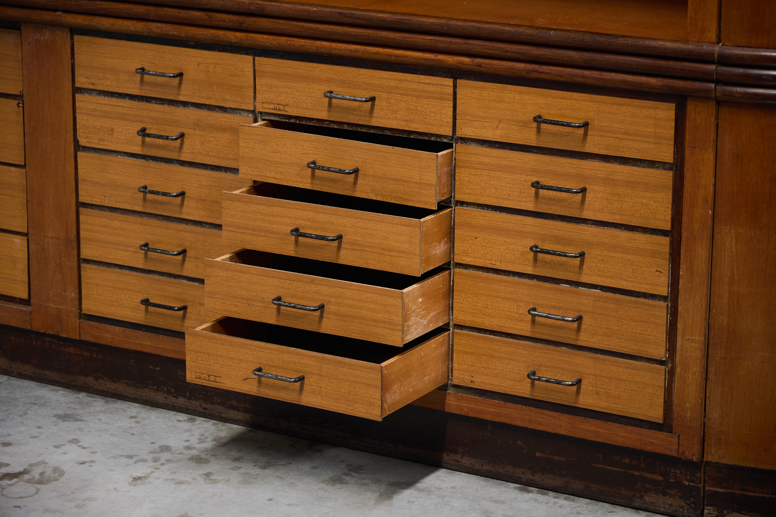 Monumental Art Deco Display Corner Cabinet with Drawers, Italy - Mid-20th Century