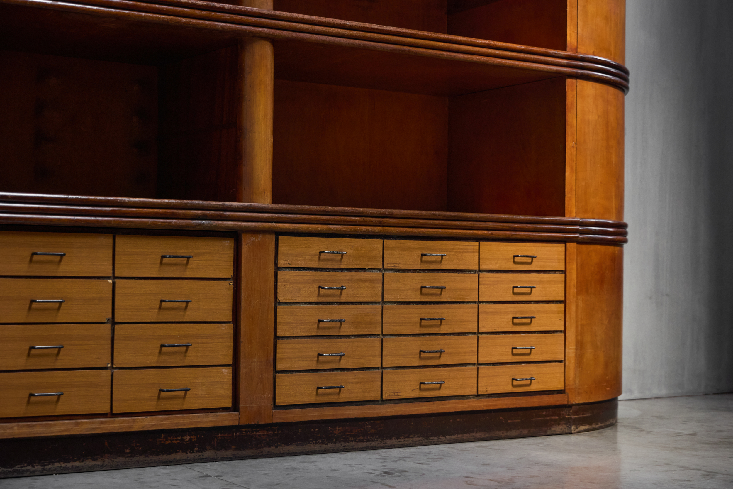 Monumental Art Deco Display Corner Cabinet with Drawers, Italy - Mid-20th Century