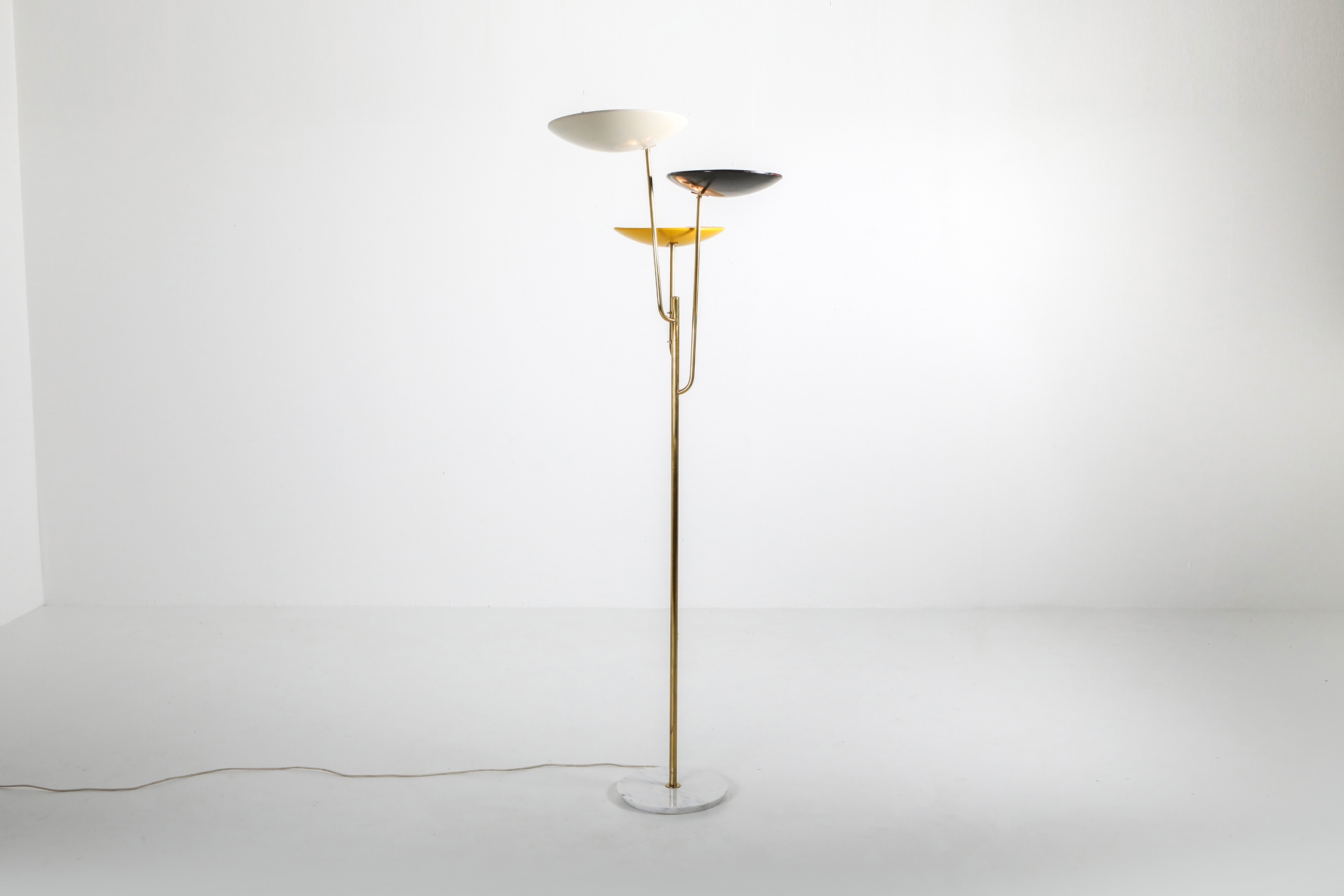 Italian floor lamp 1950s style with a white, yellow and black shade - 1950's