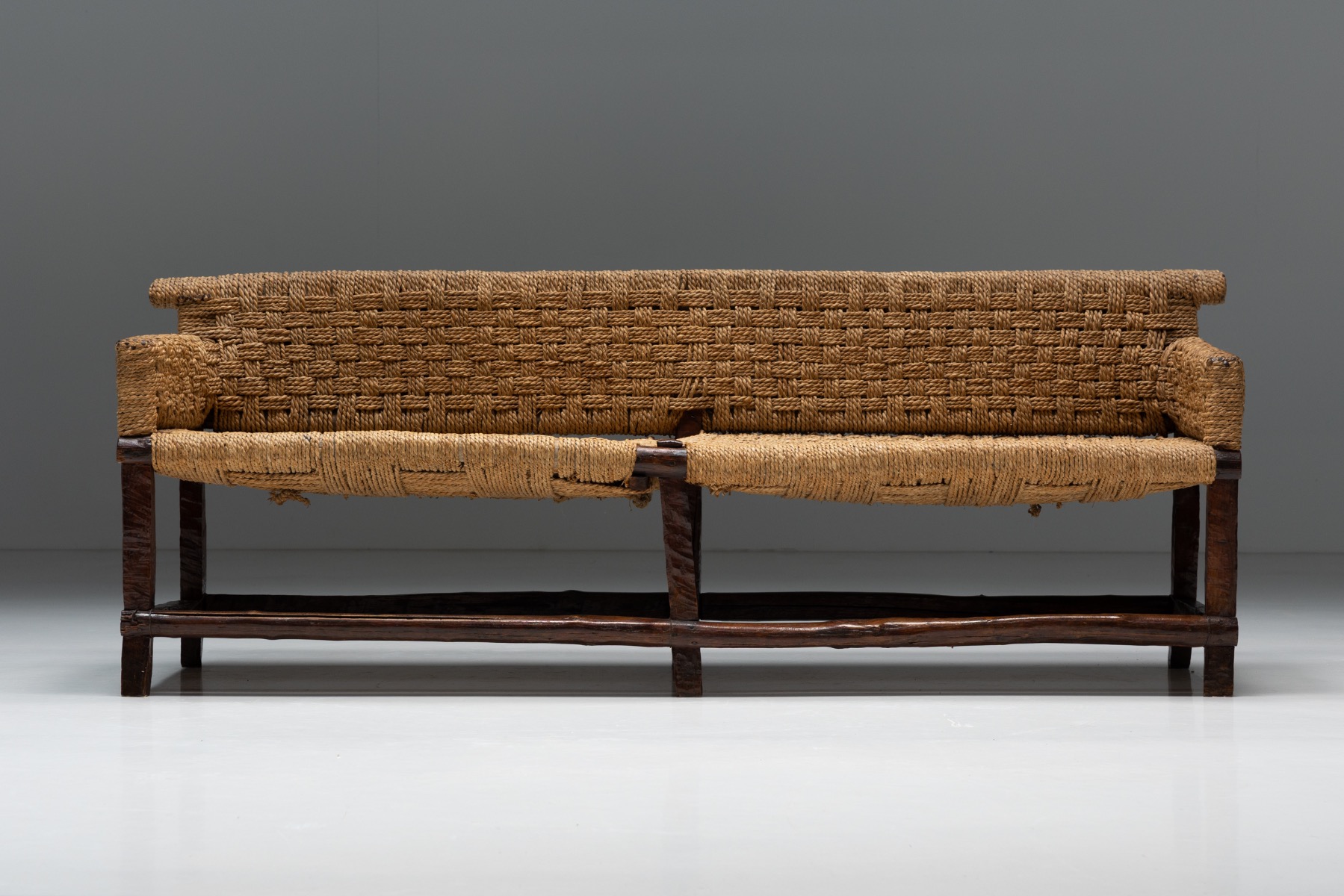 Naive Folk Art Bench with Woven Seating - 1920s