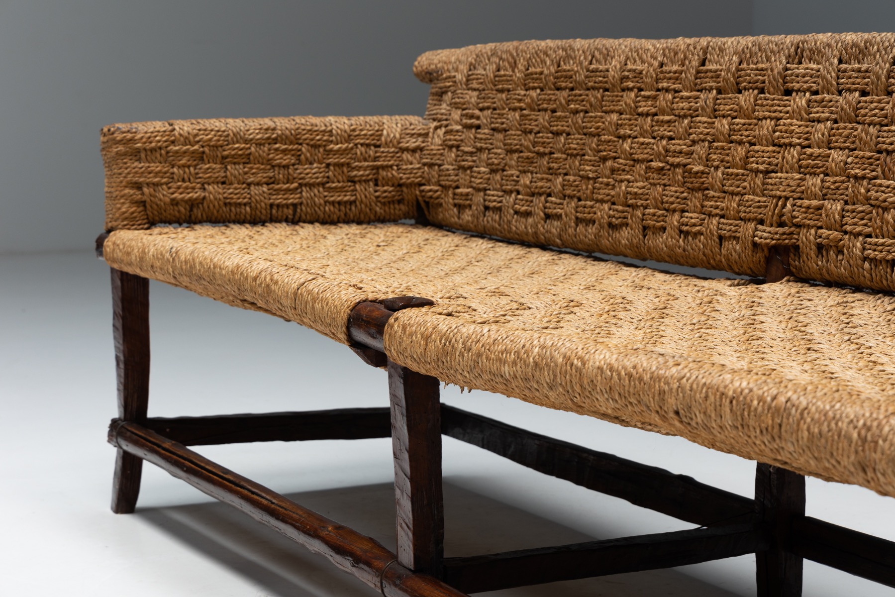 Naive Folk Art Bench with Woven Seating - 1920s