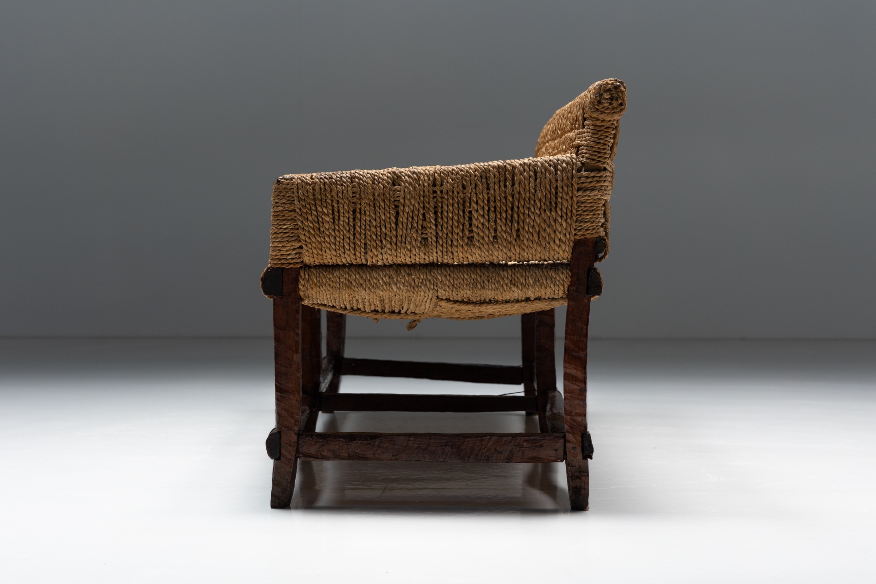 Naive Folk Art Bench with Woven Seating - 1920s