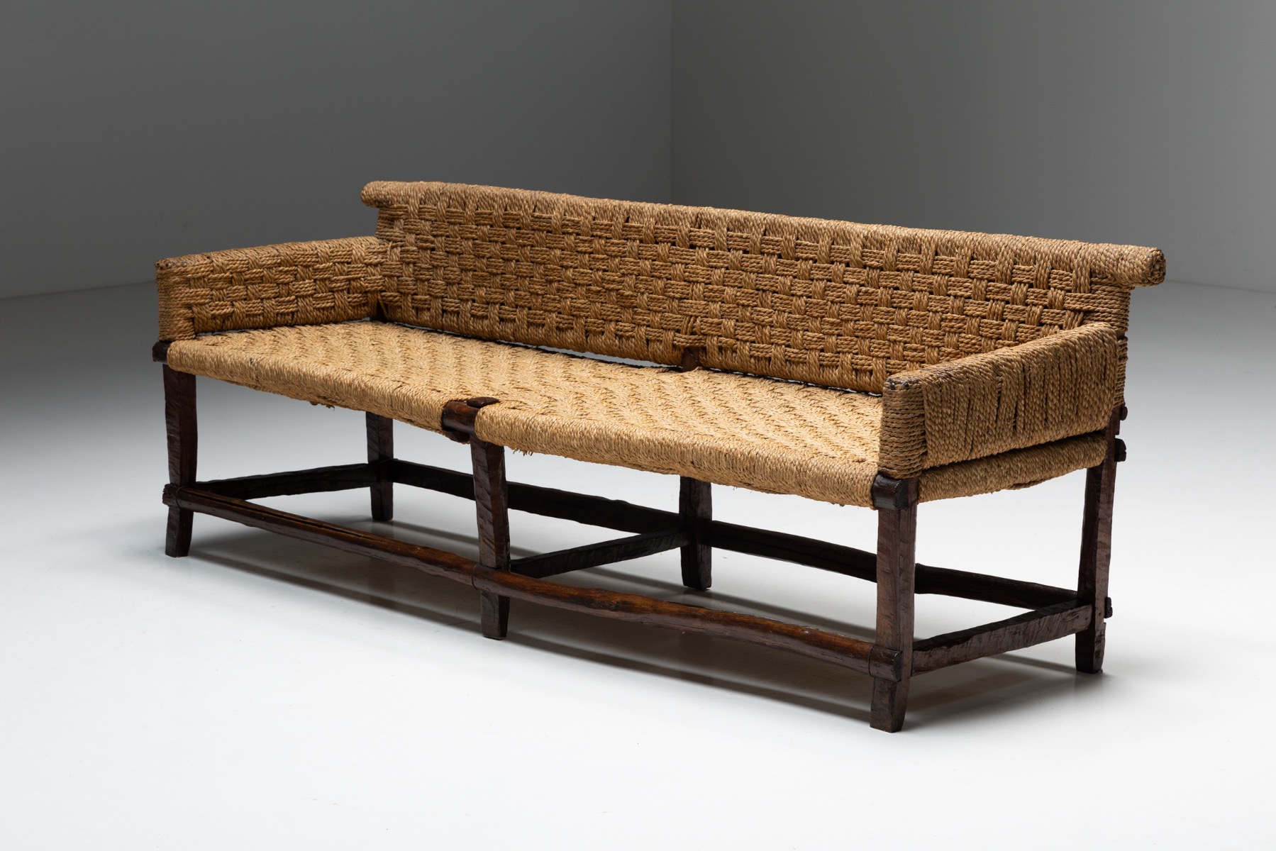 Naive Folk Art Bench with Woven Seating - 1920s