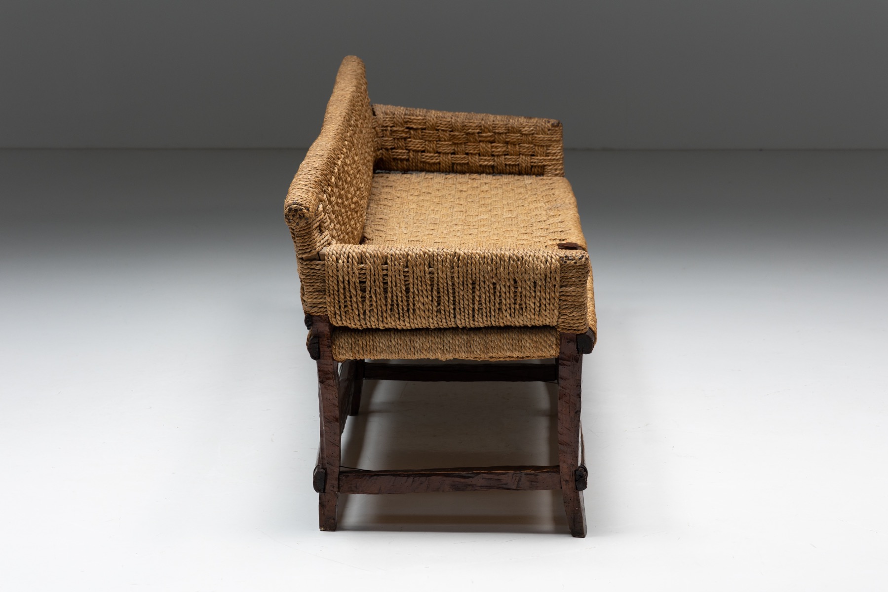Naive Folk Art Bench with Woven Seating - 1920s