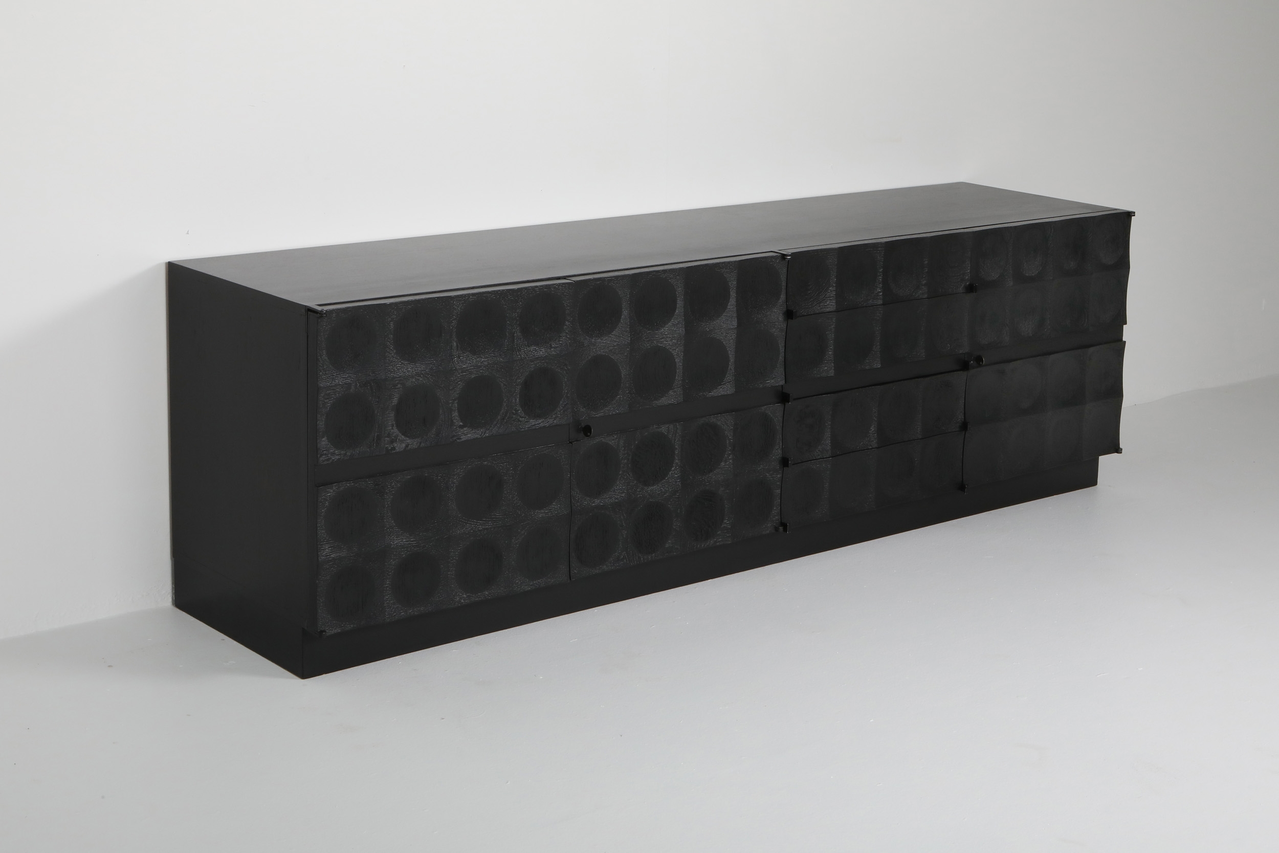 De Coene brutalist stained oak sideboard with circular patterned doors - 1970s