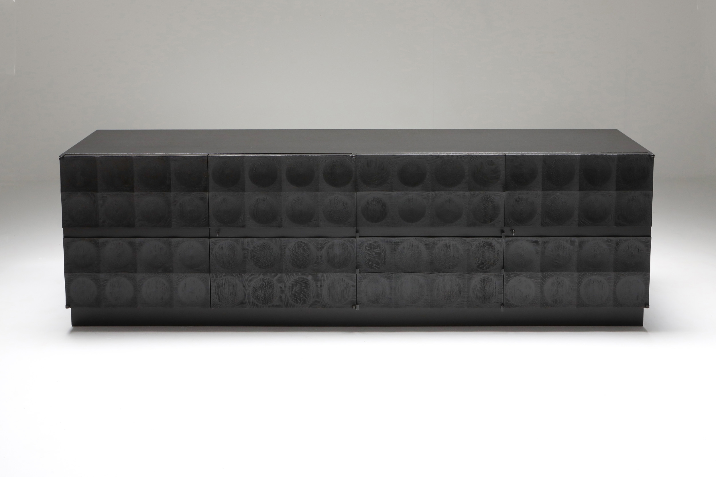 De Coene brutalist stained oak sideboard with circular patterned doors - 1970s