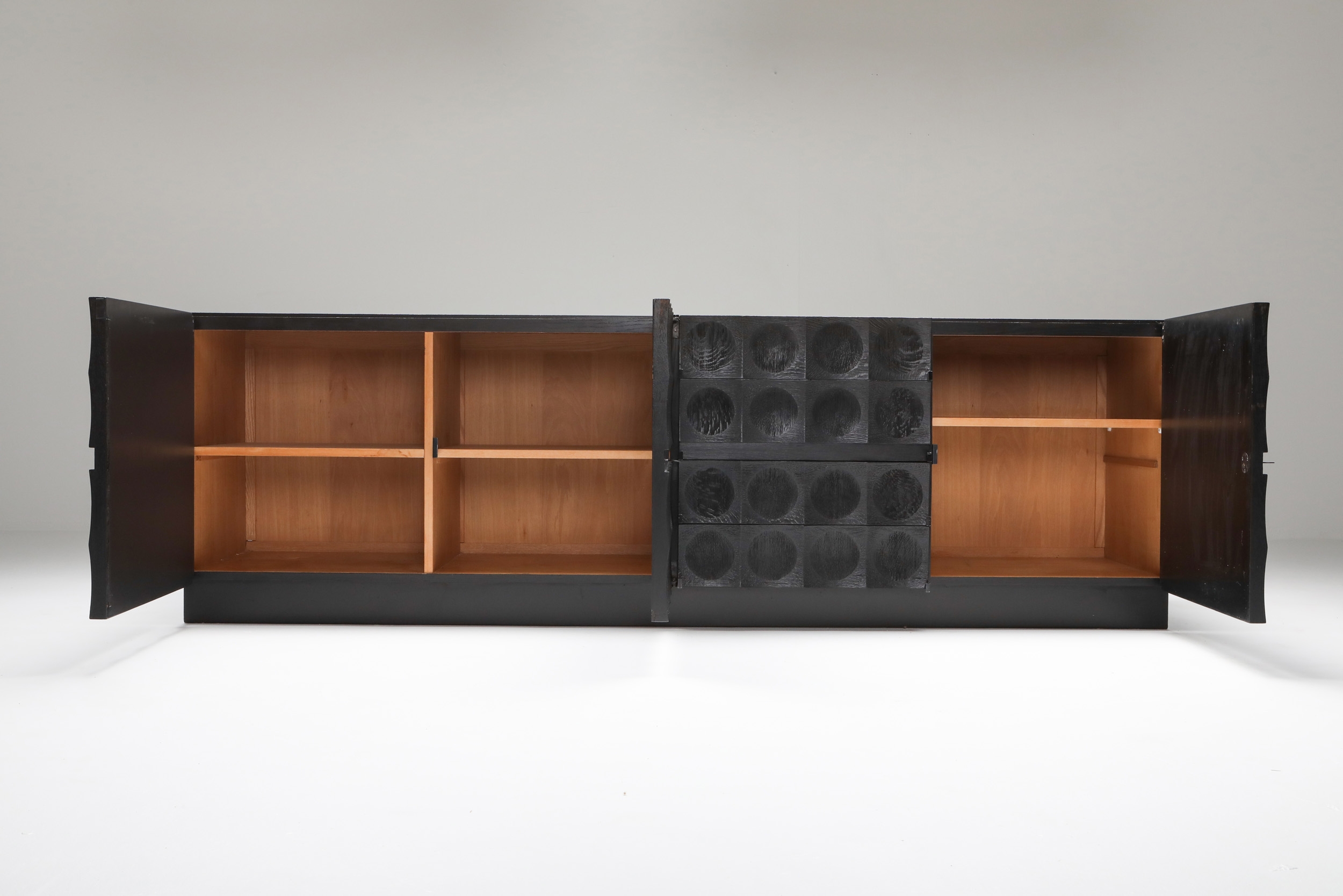 De Coene brutalist stained oak sideboard with circular patterned doors - 1970s