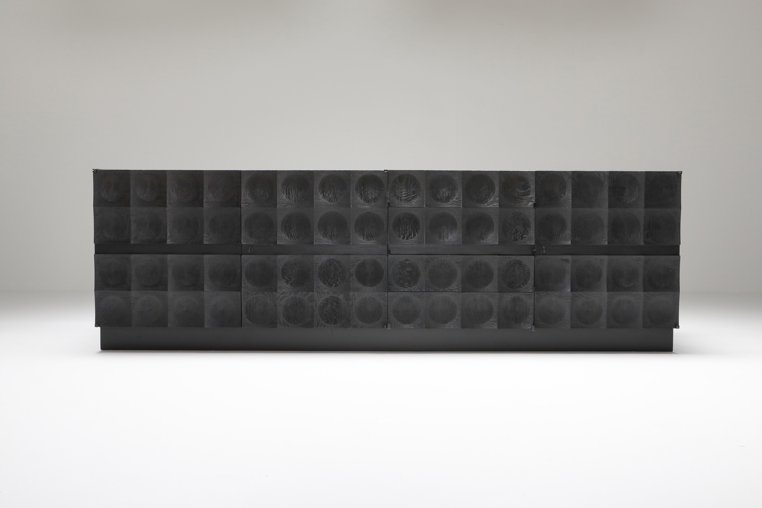 De Coene brutalist stained oak sideboard with circular patterned doors - 1970s