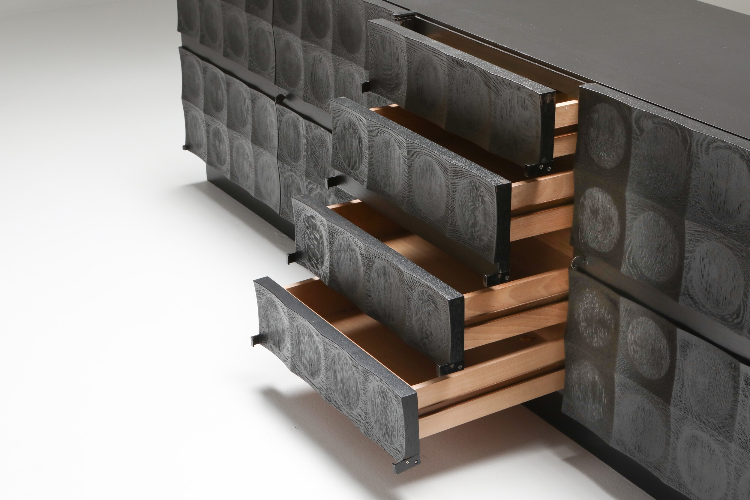 De Coene brutalist stained oak sideboard with circular patterned doors - 1970s