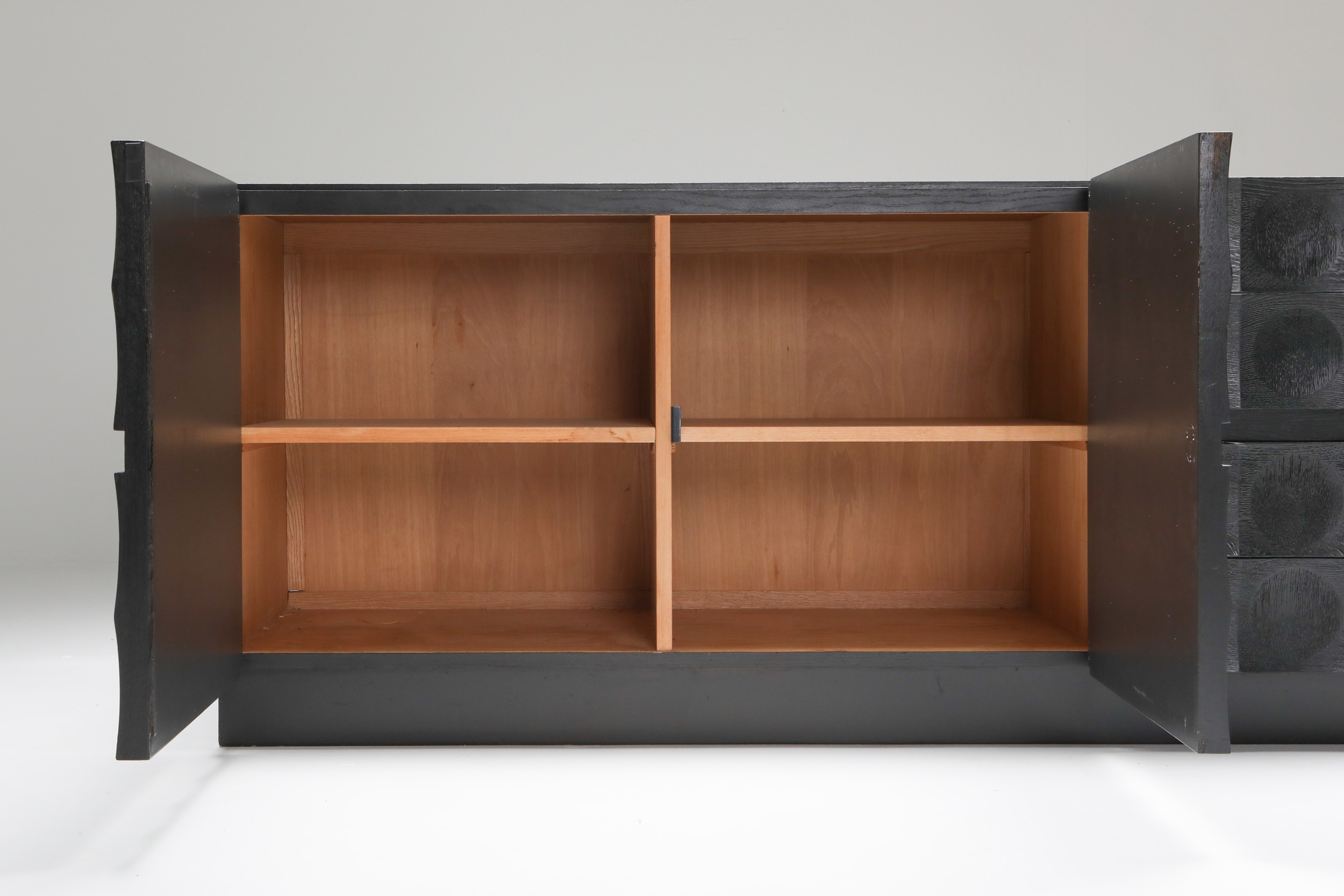De Coene brutalist stained oak sideboard with circular patterned doors - 1970s