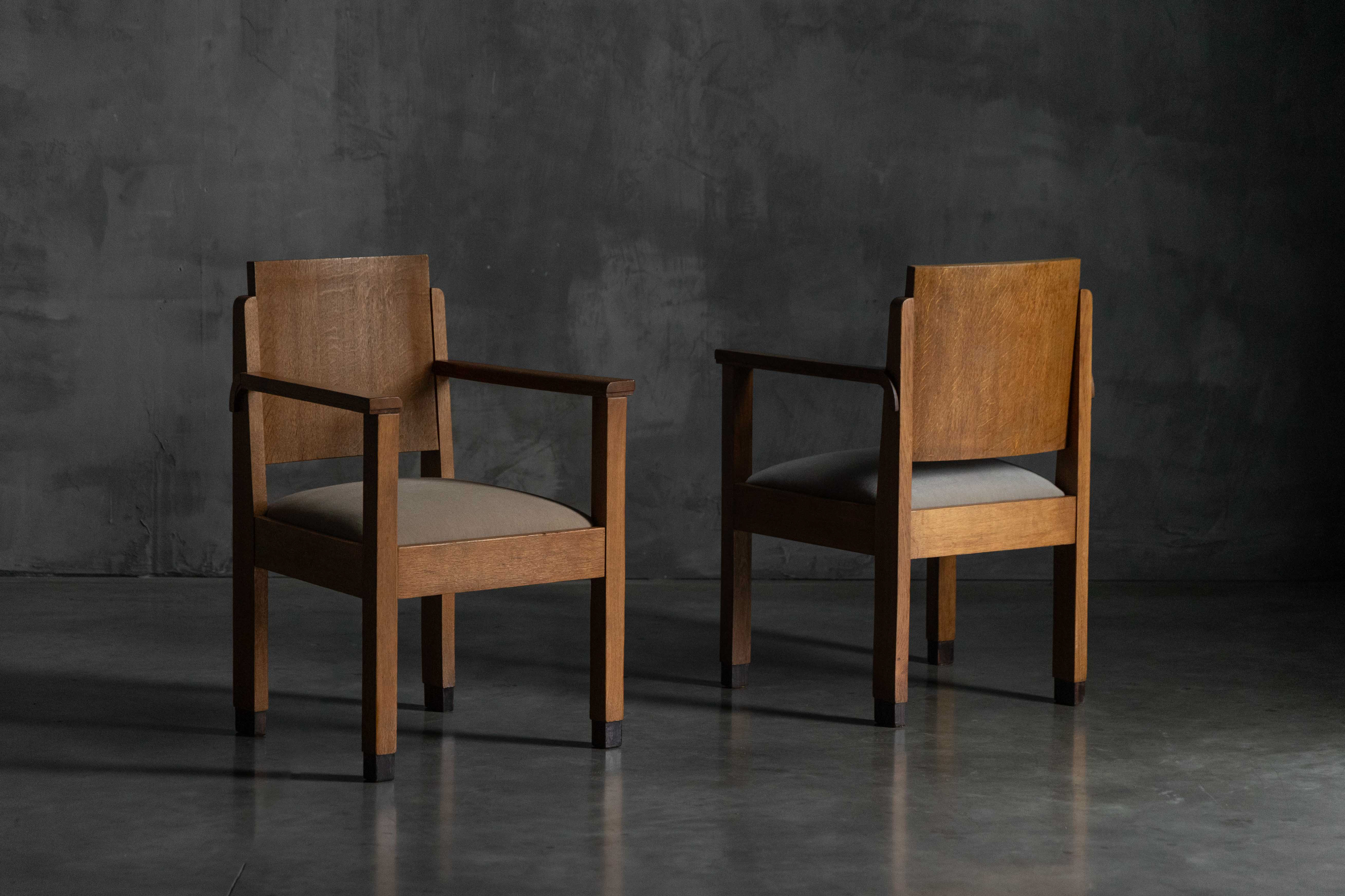 Amsterdam School Art Deco Oak Armchairs, Netherlands - 1920s