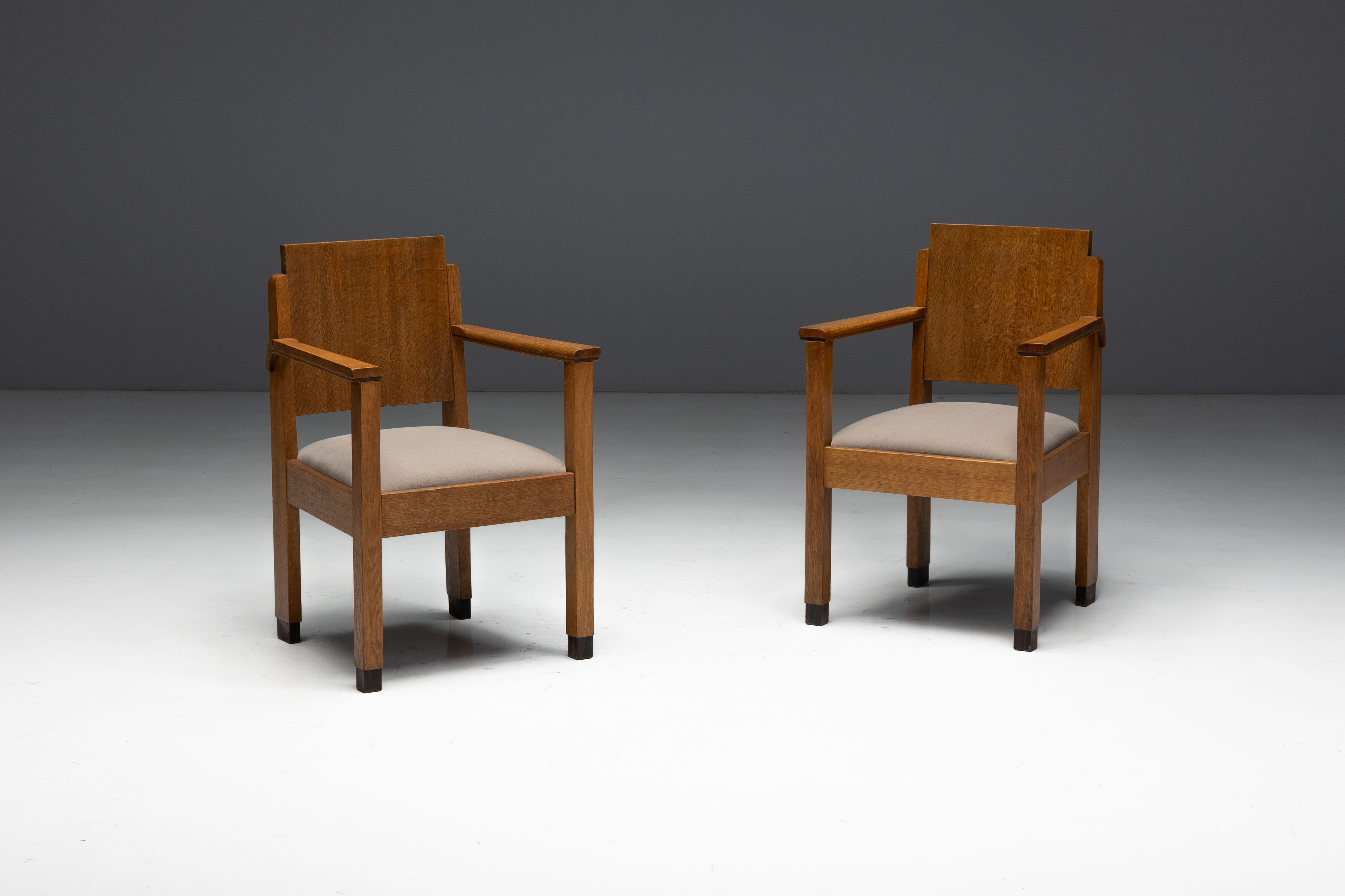 Amsterdam School Art Deco Oak Armchairs, Netherlands - 1920s