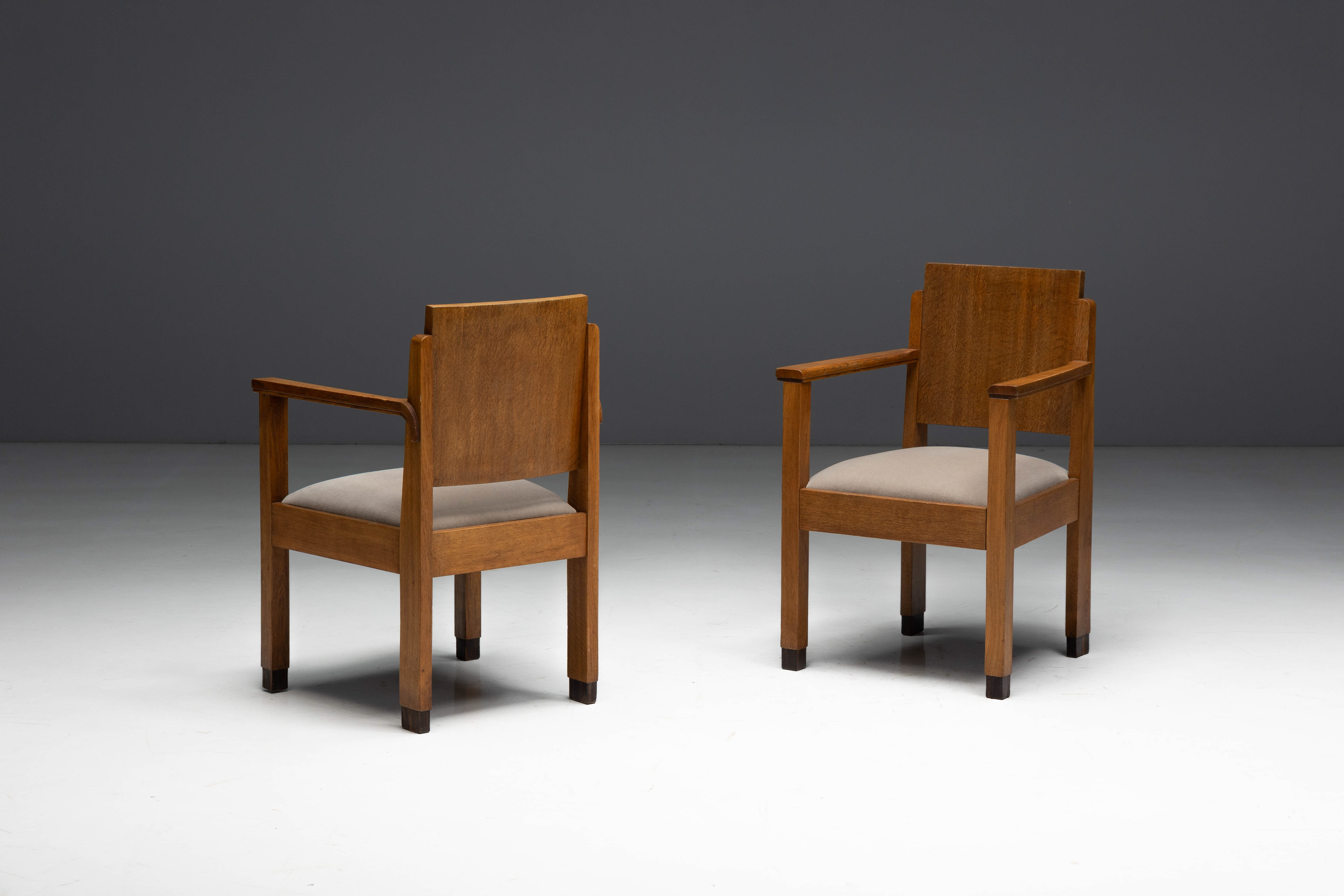 Amsterdam School Art Deco Oak Armchairs, Netherlands - 1920s