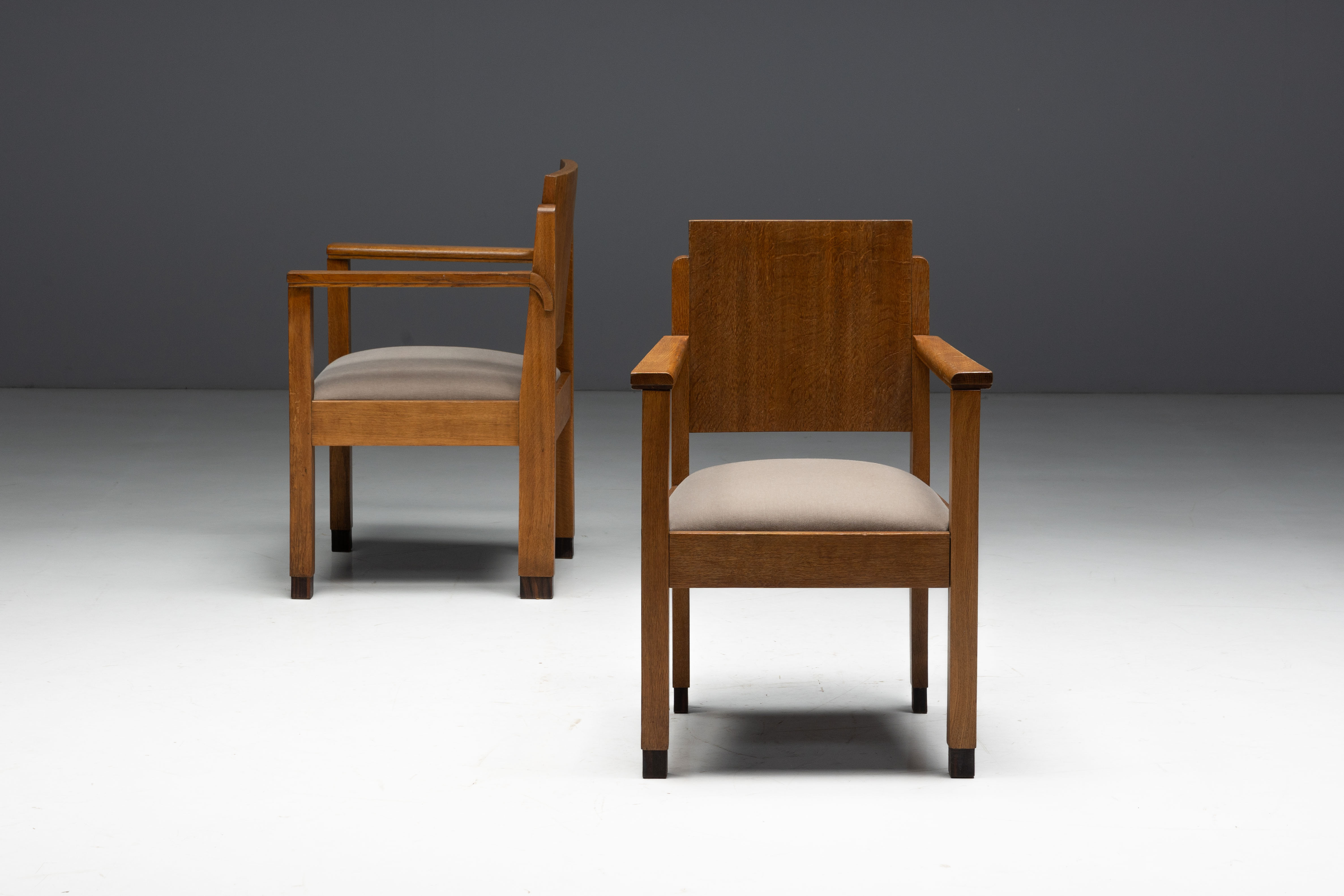 Amsterdam School Art Deco Oak Armchairs, Netherlands - 1920s