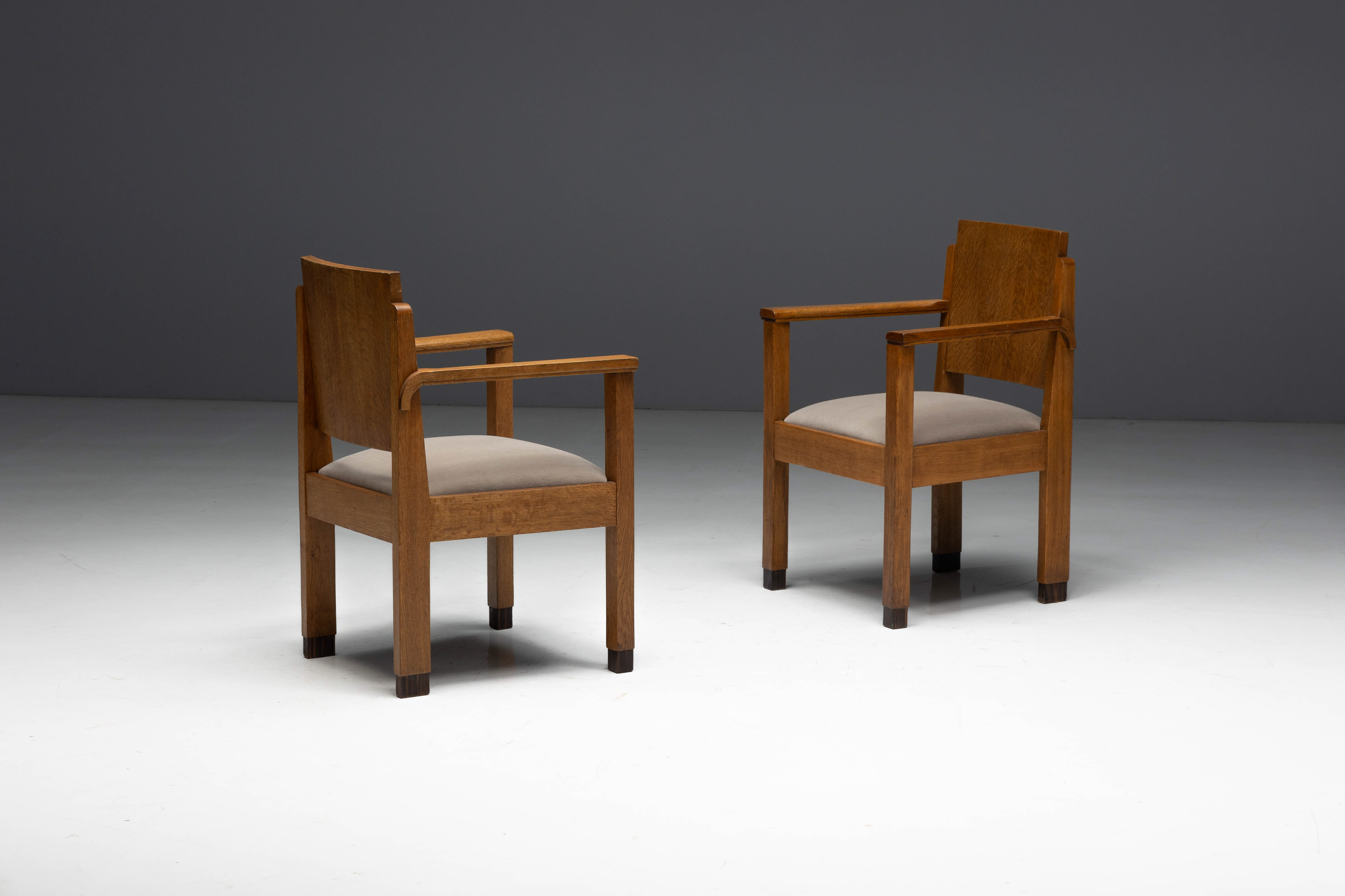 Amsterdam School Art Deco Oak Armchairs, Netherlands - 1920s