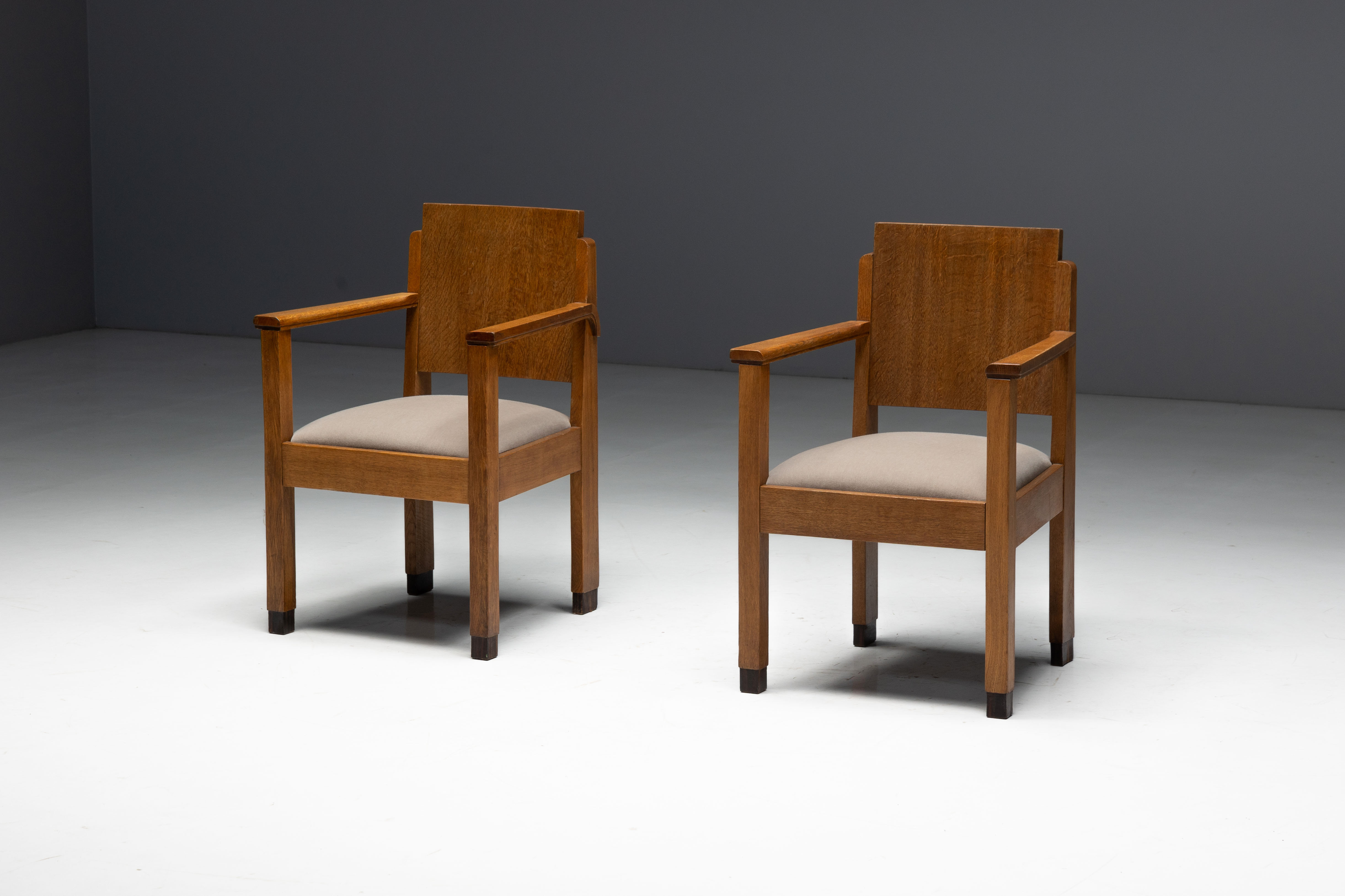 Amsterdam School Art Deco Oak Armchairs, Netherlands - 1920s