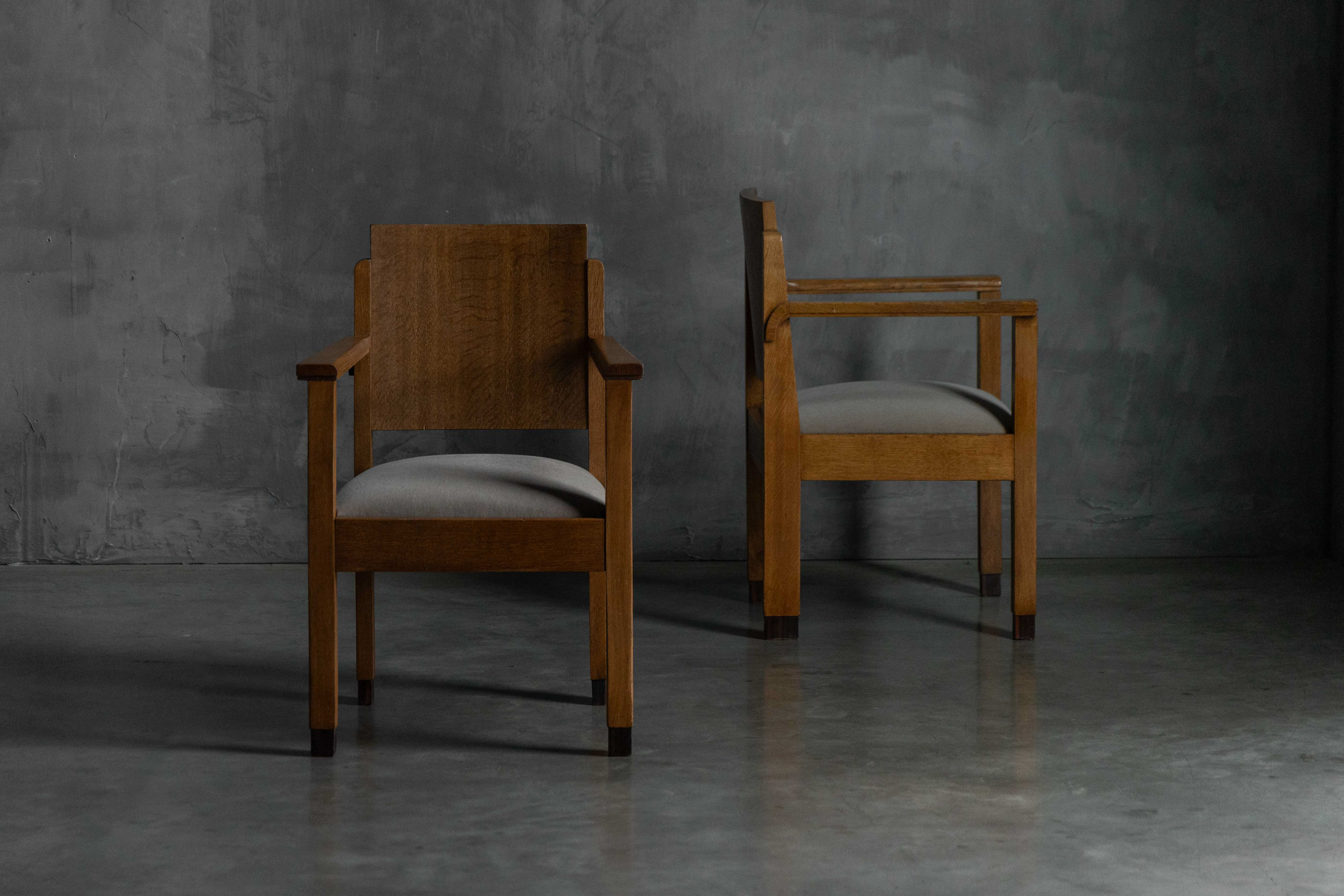 Amsterdam School Art Deco Oak Armchairs, Netherlands - 1920s