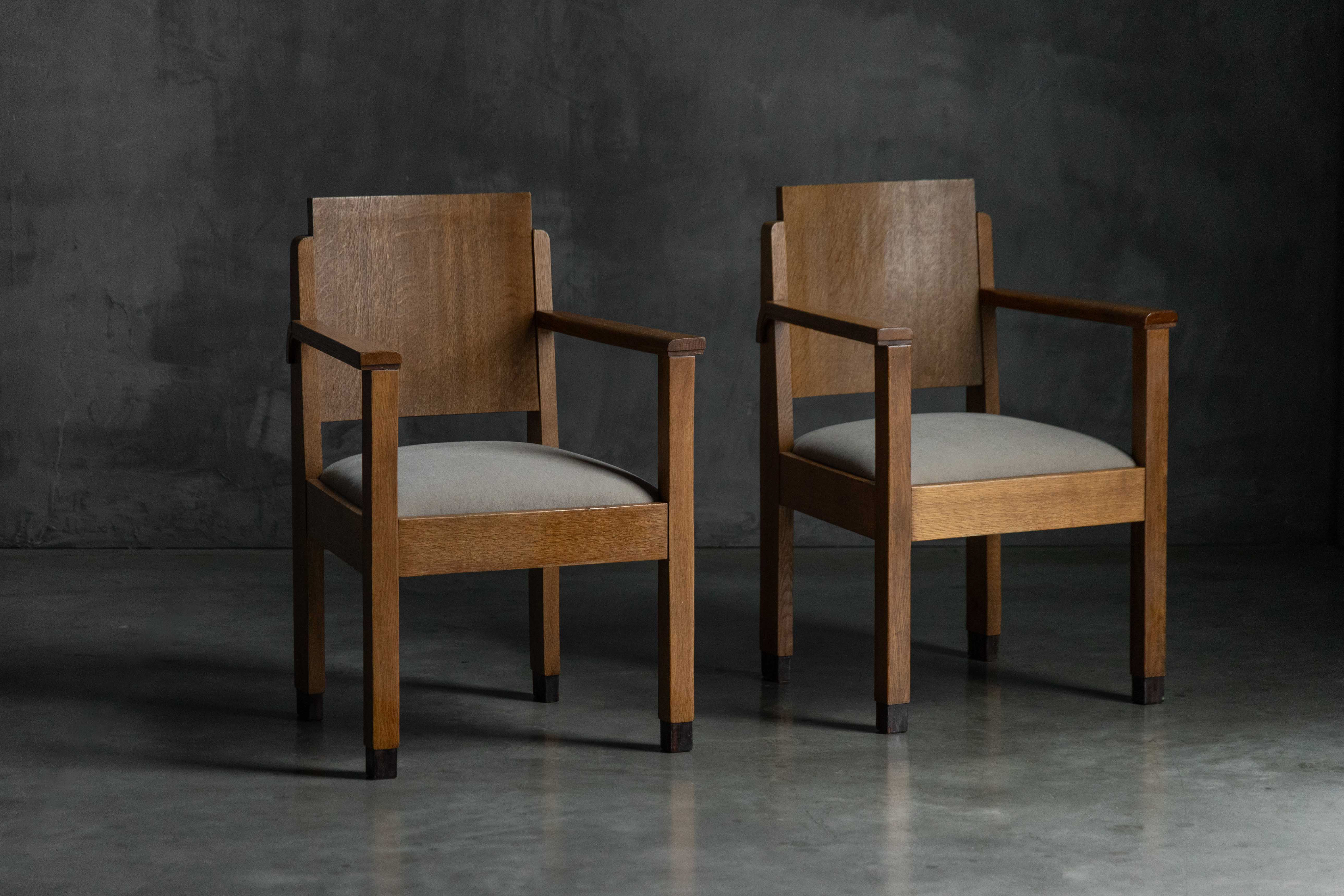 Amsterdam School Art Deco Oak Armchairs, Netherlands - 1920s