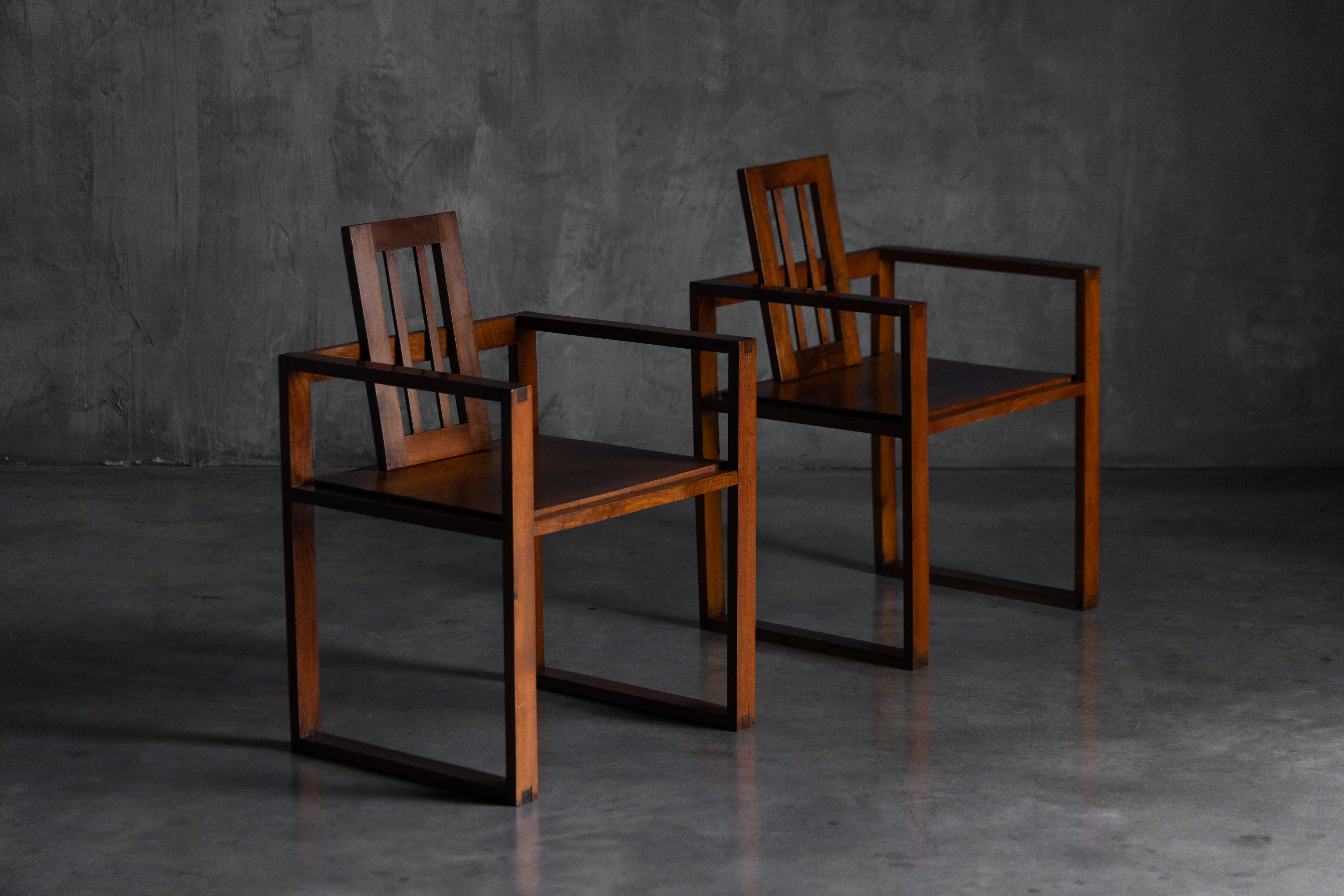 Pair of Rationalist Wooden Armchairs, Italy - 1930s