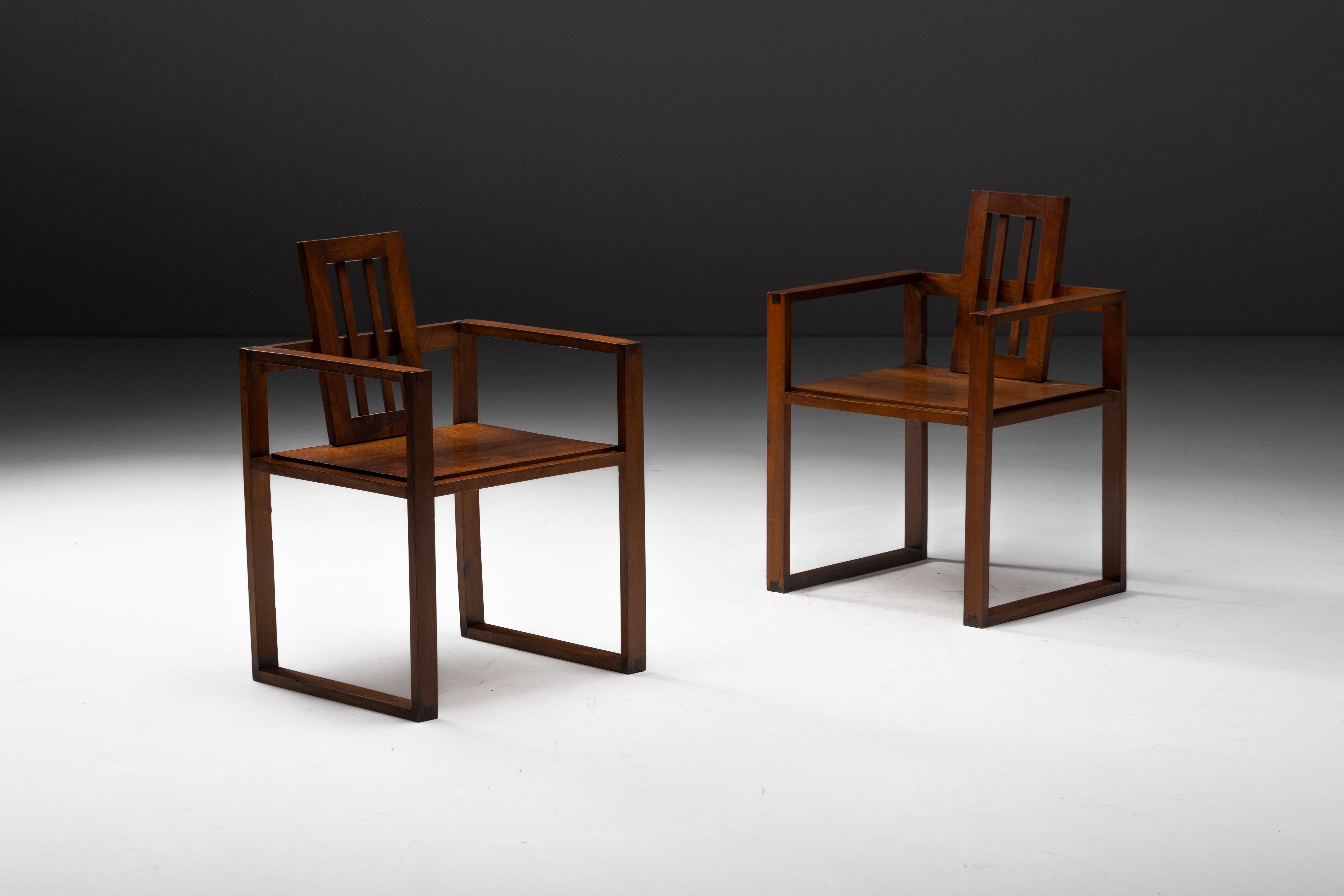 Pair of Rationalist Wooden Armchairs, Italy - 1930s