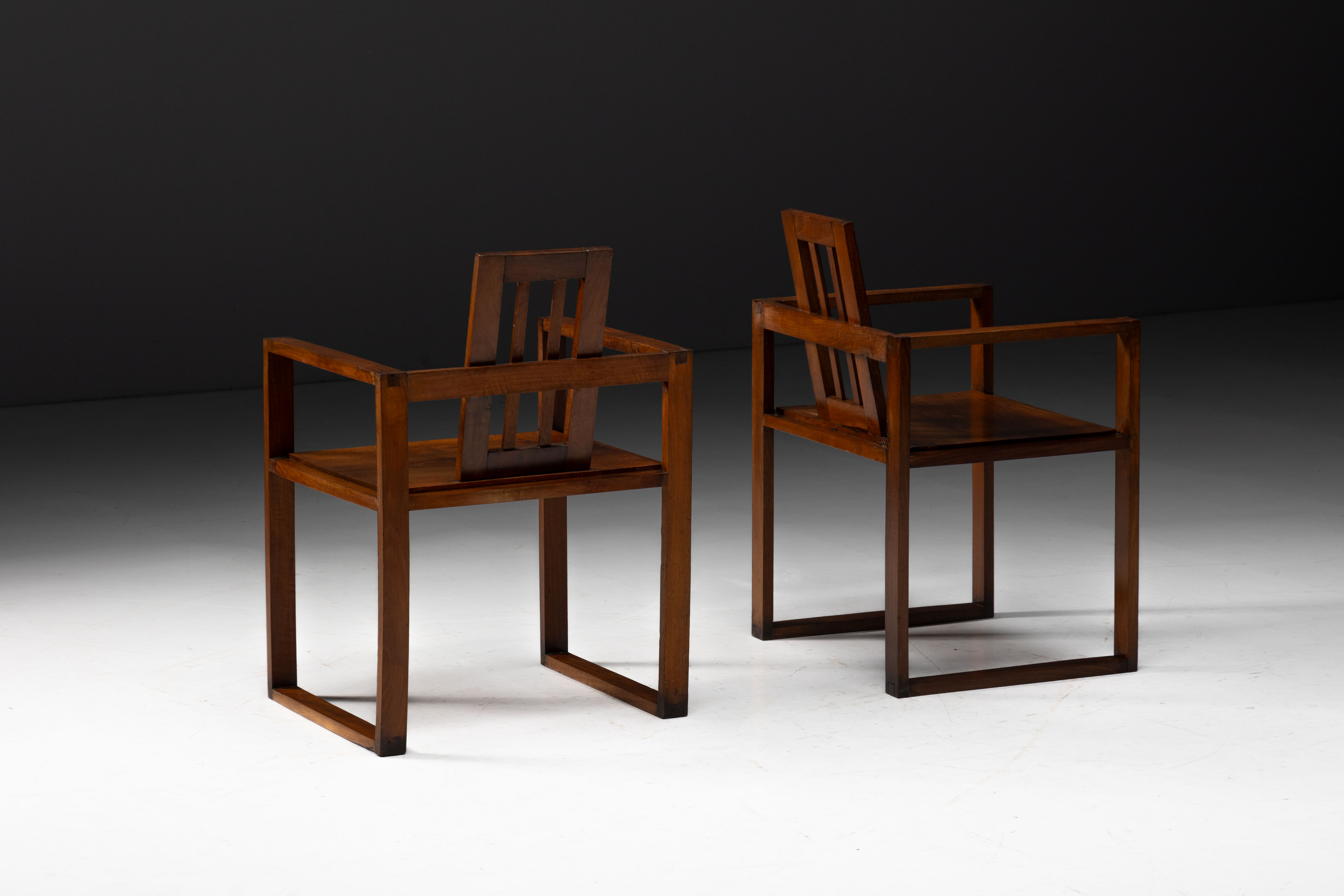 Pair of Rationalist Wooden Armchairs, Italy - 1930s