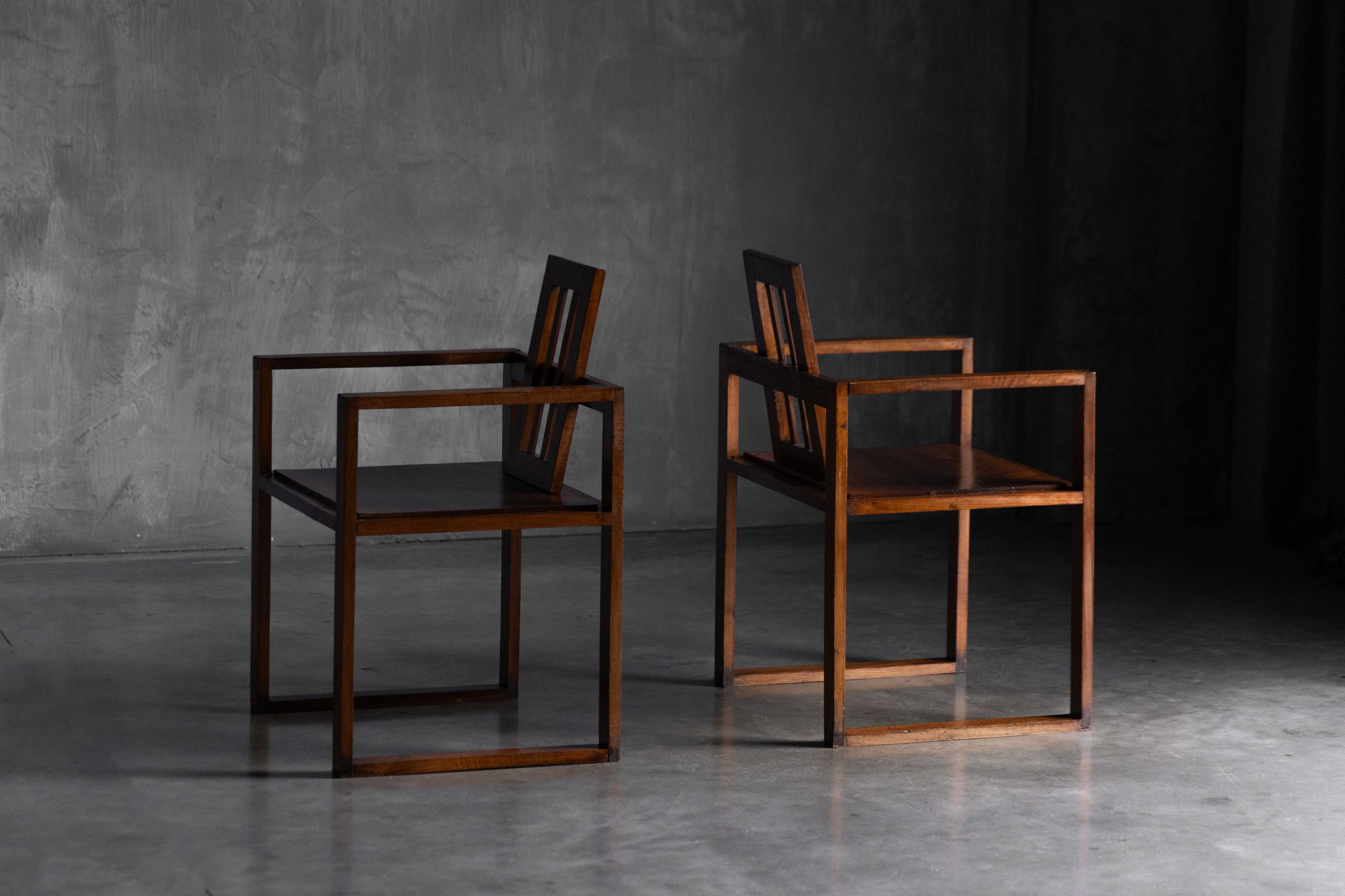 Pair of Rationalist Wooden Armchairs, Italy - 1930s