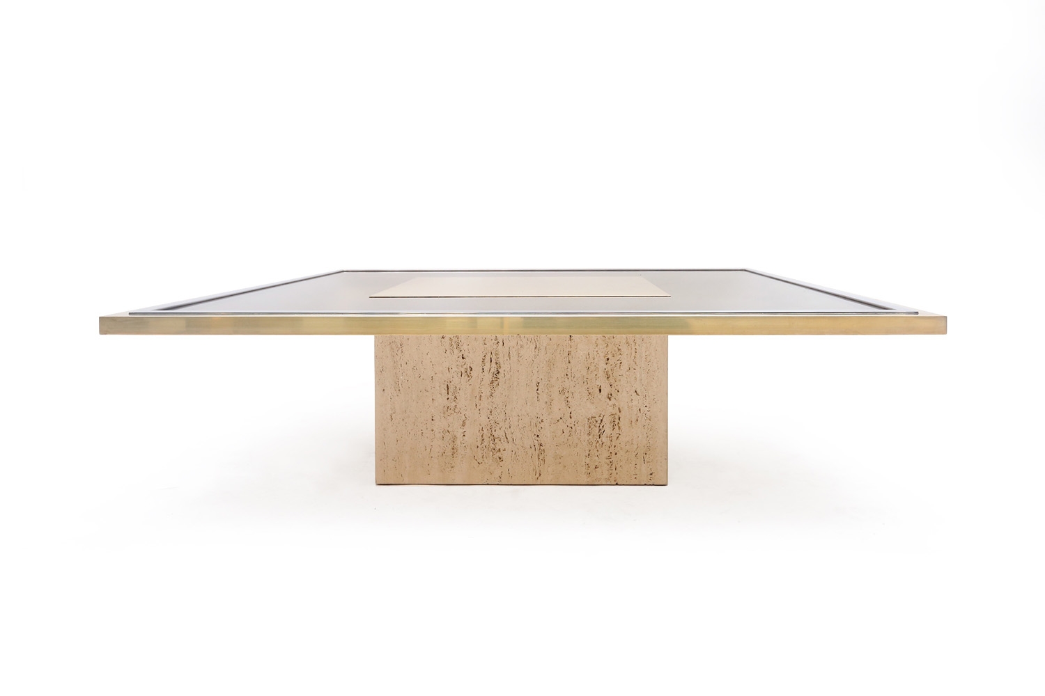 Travertine & Brass Etched Coffee Table, Roger Vanhevel - 1970s
