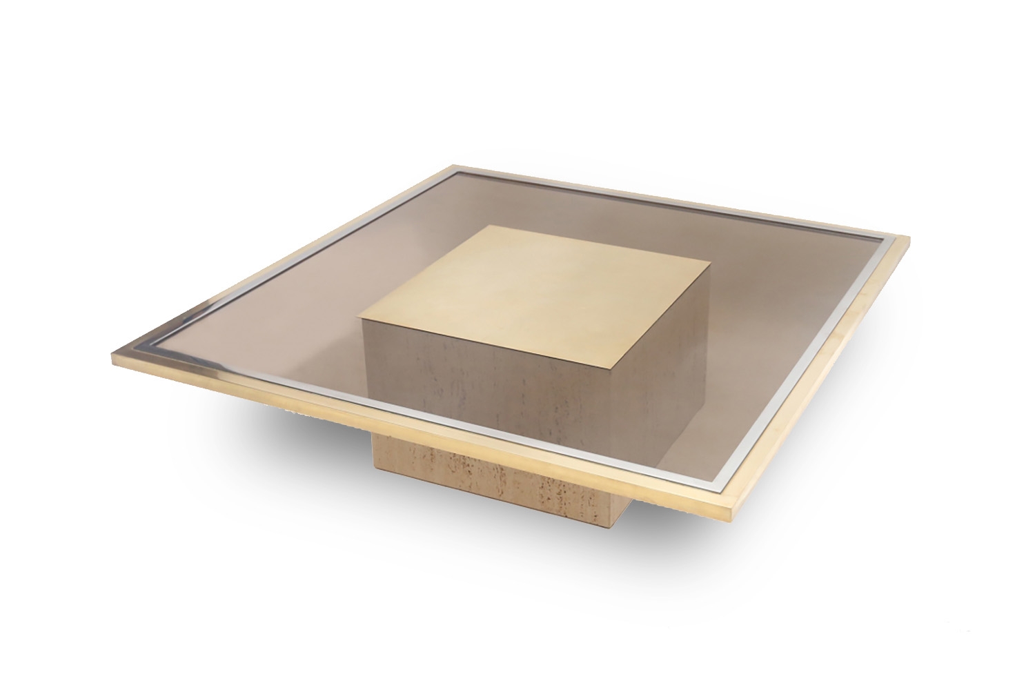 Travertine & Brass Etched Coffee Table, Roger Vanhevel - 1970s