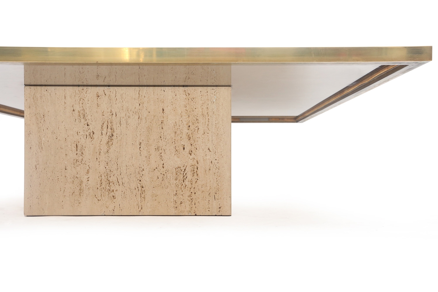Travertine & Brass Etched Coffee Table, Roger Vanhevel - 1970s