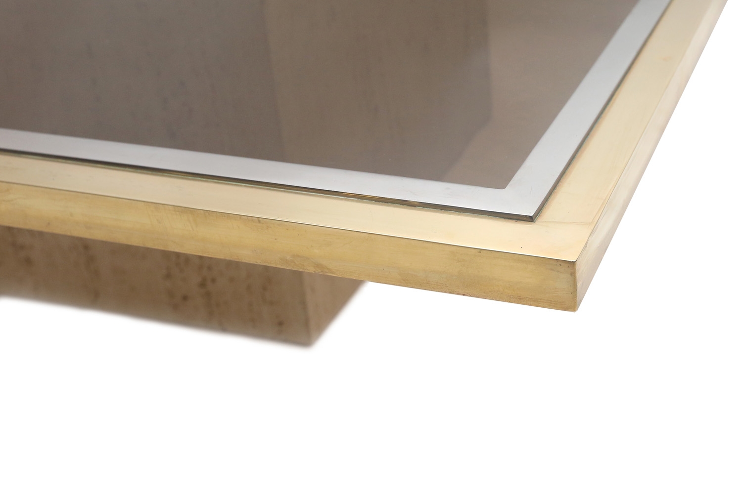 Travertine & Brass Etched Coffee Table, Roger Vanhevel - 1970s
