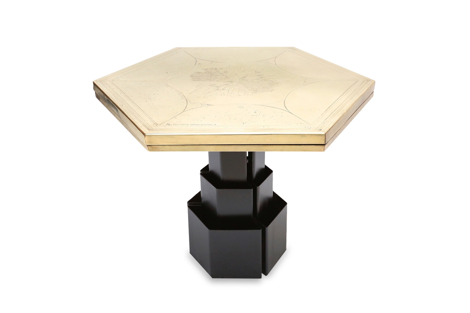 Brass Etched Hexagonal Table, Christian Heckscher - 1980s
