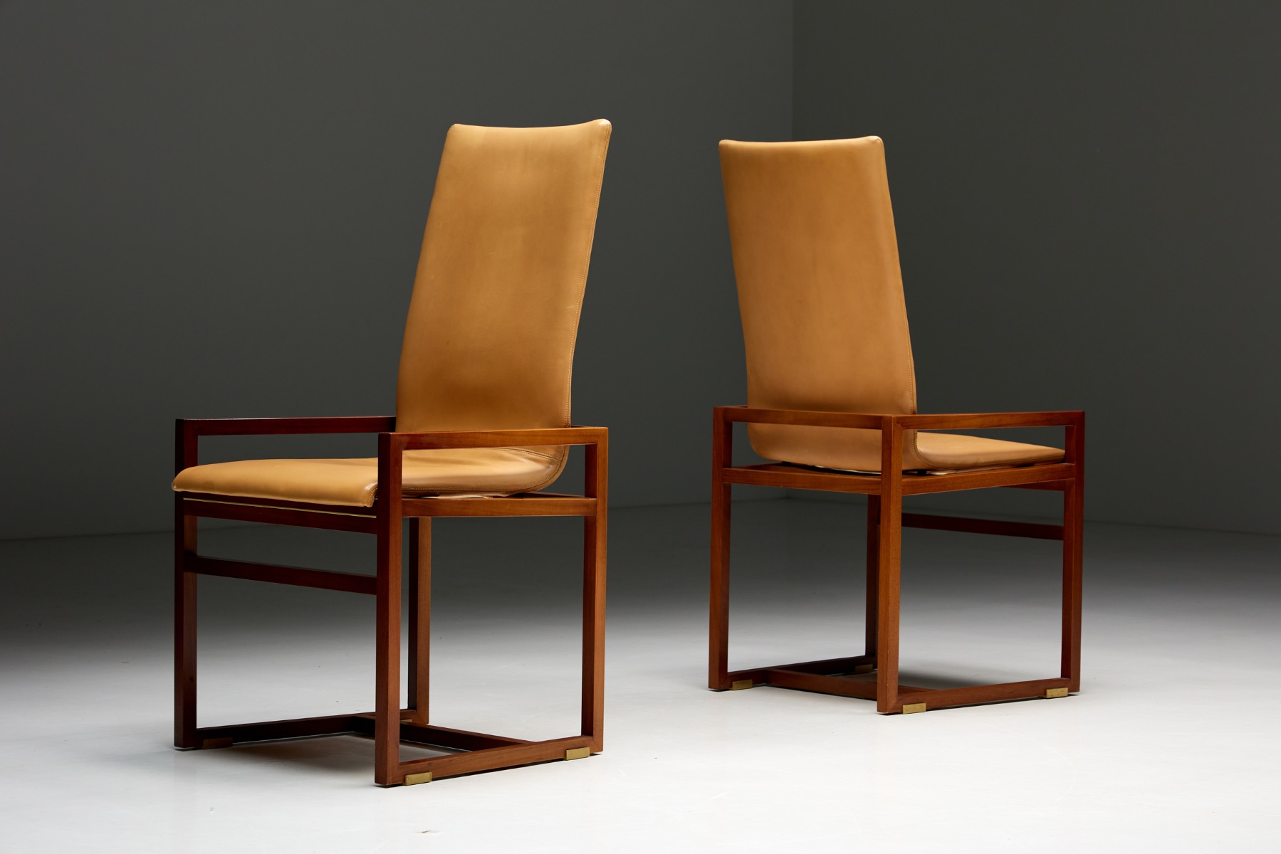 Low Arm Dining Chairs in Natural Leather by Pierre Balmain, France - 1980s