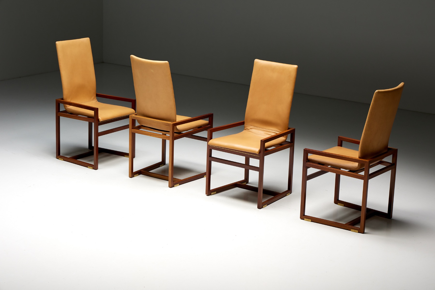 Low Arm Dining Chairs in Natural Leather by Pierre Balmain, France - 1980s
