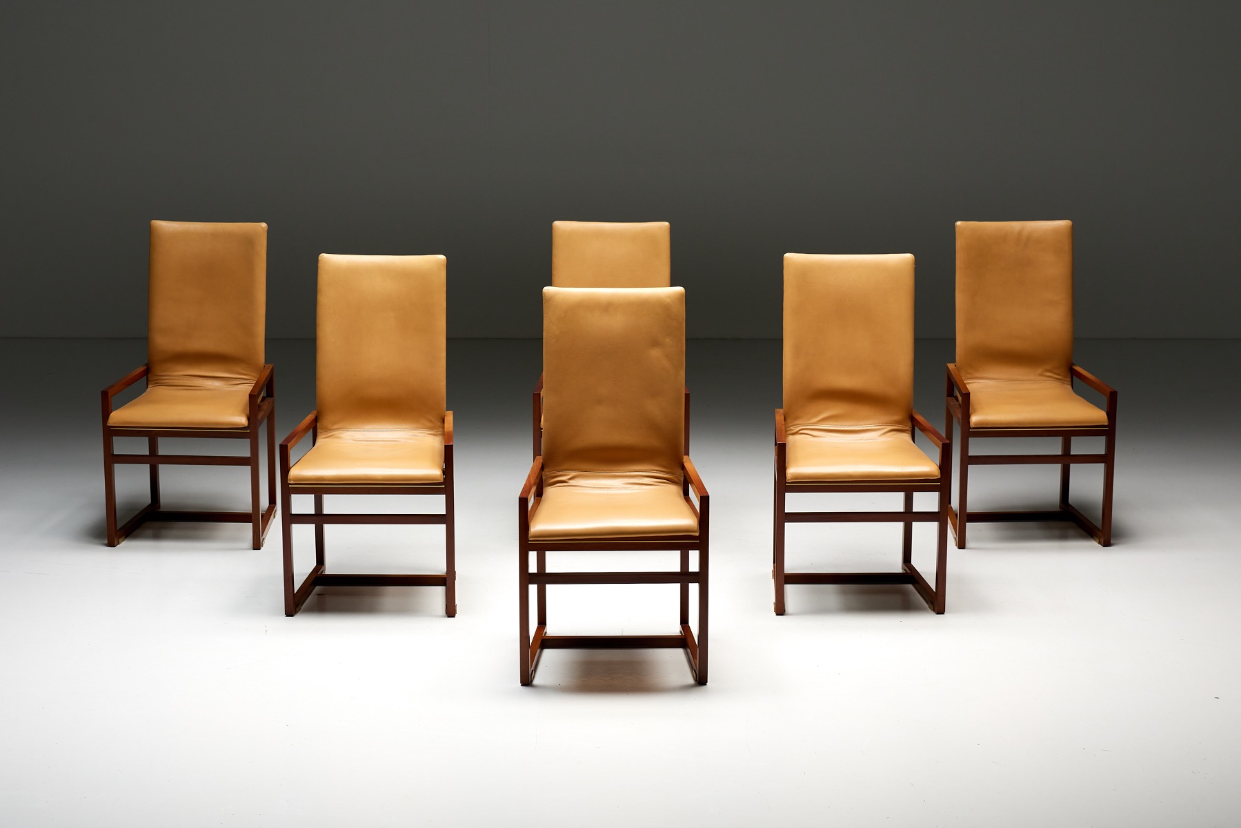 Low Arm Dining Chairs in Natural Leather by Pierre Balmain, France - 1980s