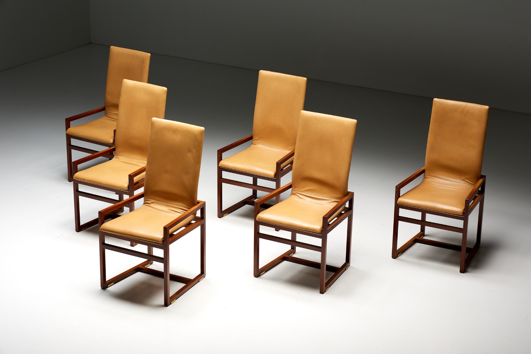 Low Arm Dining Chairs in Natural Leather by Pierre Balmain, France - 1980s