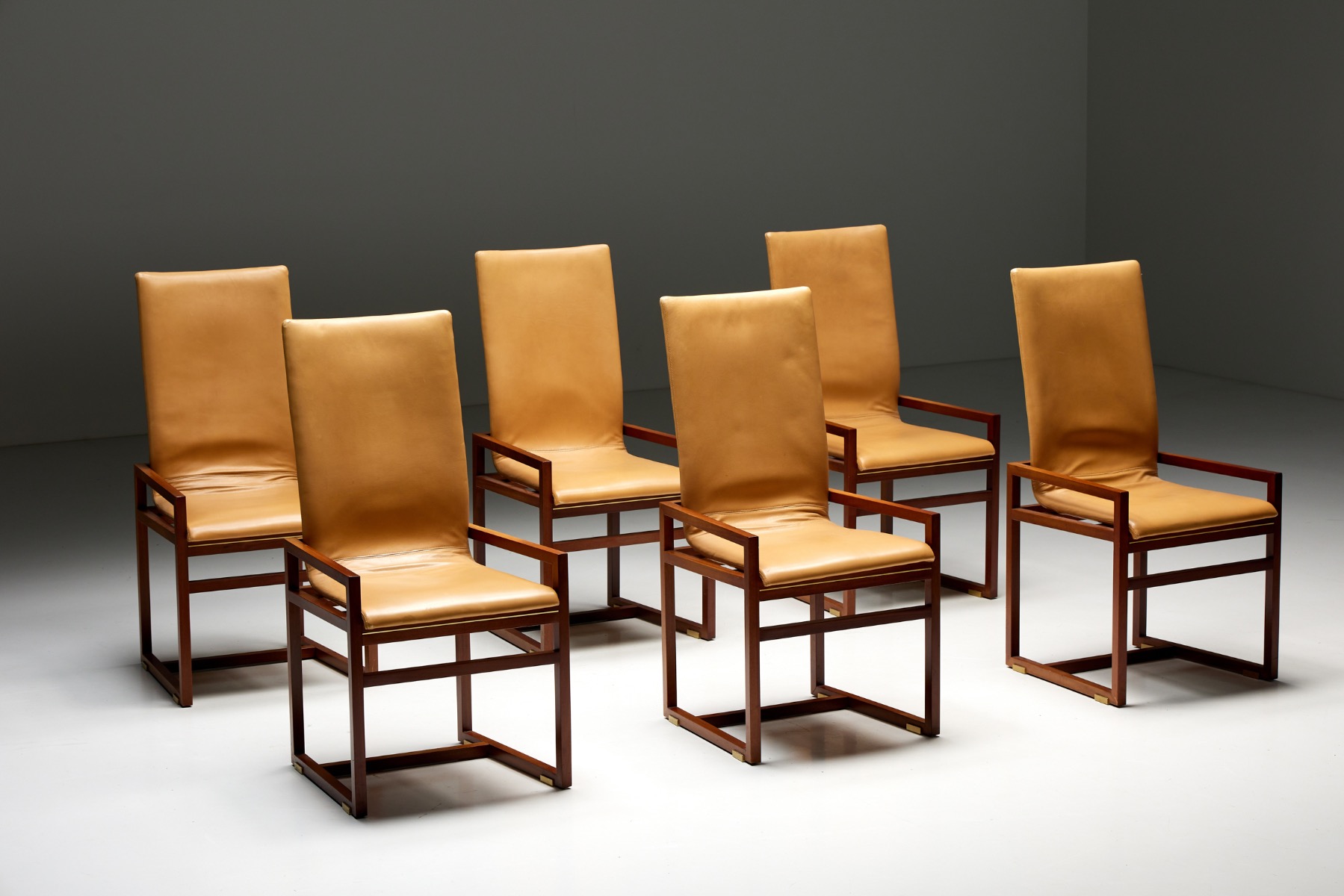 Low Arm Dining Chairs in Natural Leather by Pierre Balmain, France - 1980s