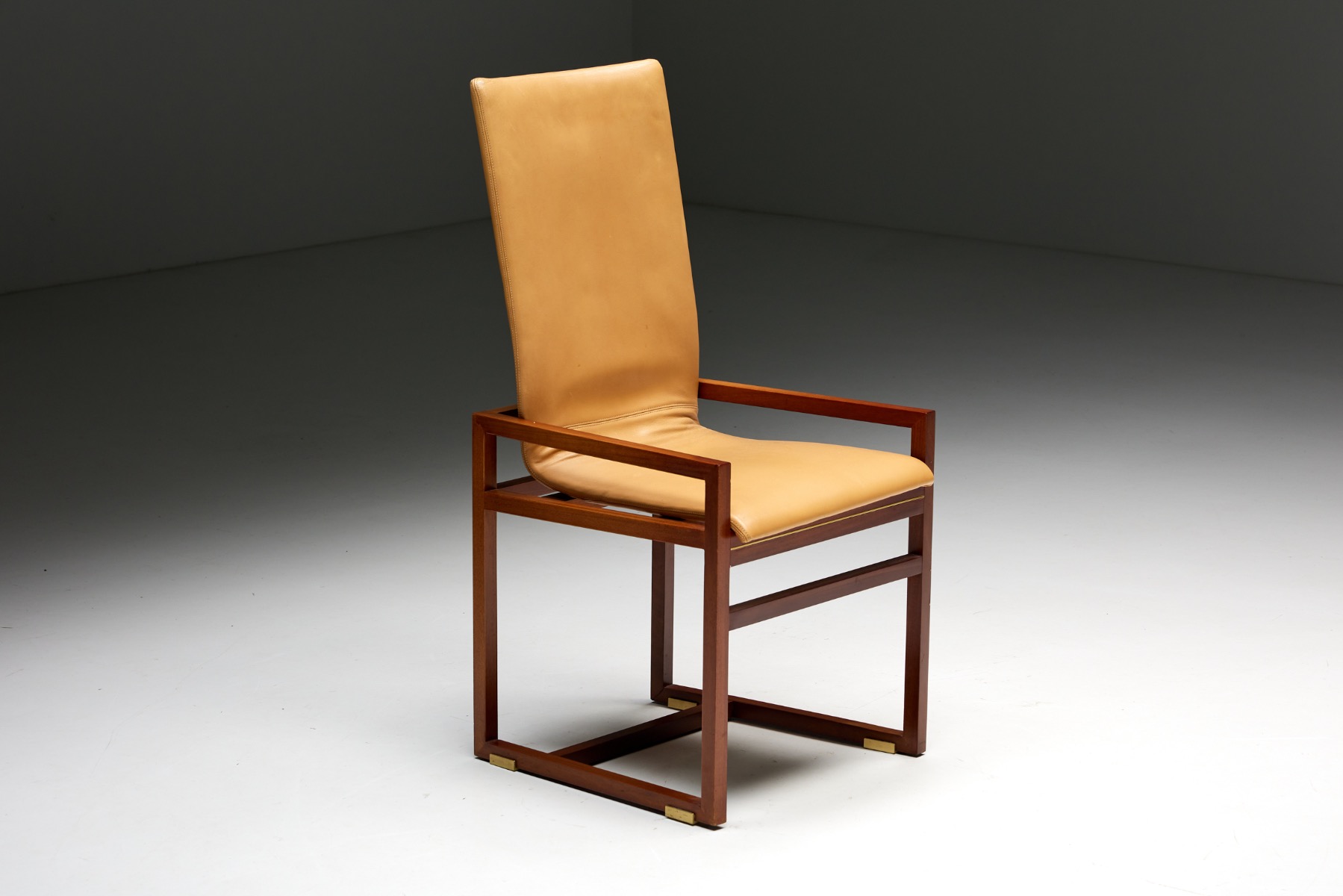 Low Arm Dining Chairs in Natural Leather by Pierre Balmain, France - 1980s