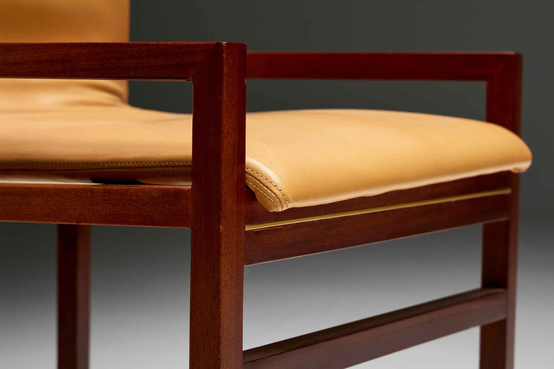 Low Arm Dining Chairs in Natural Leather by Pierre Balmain, France - 1980s
