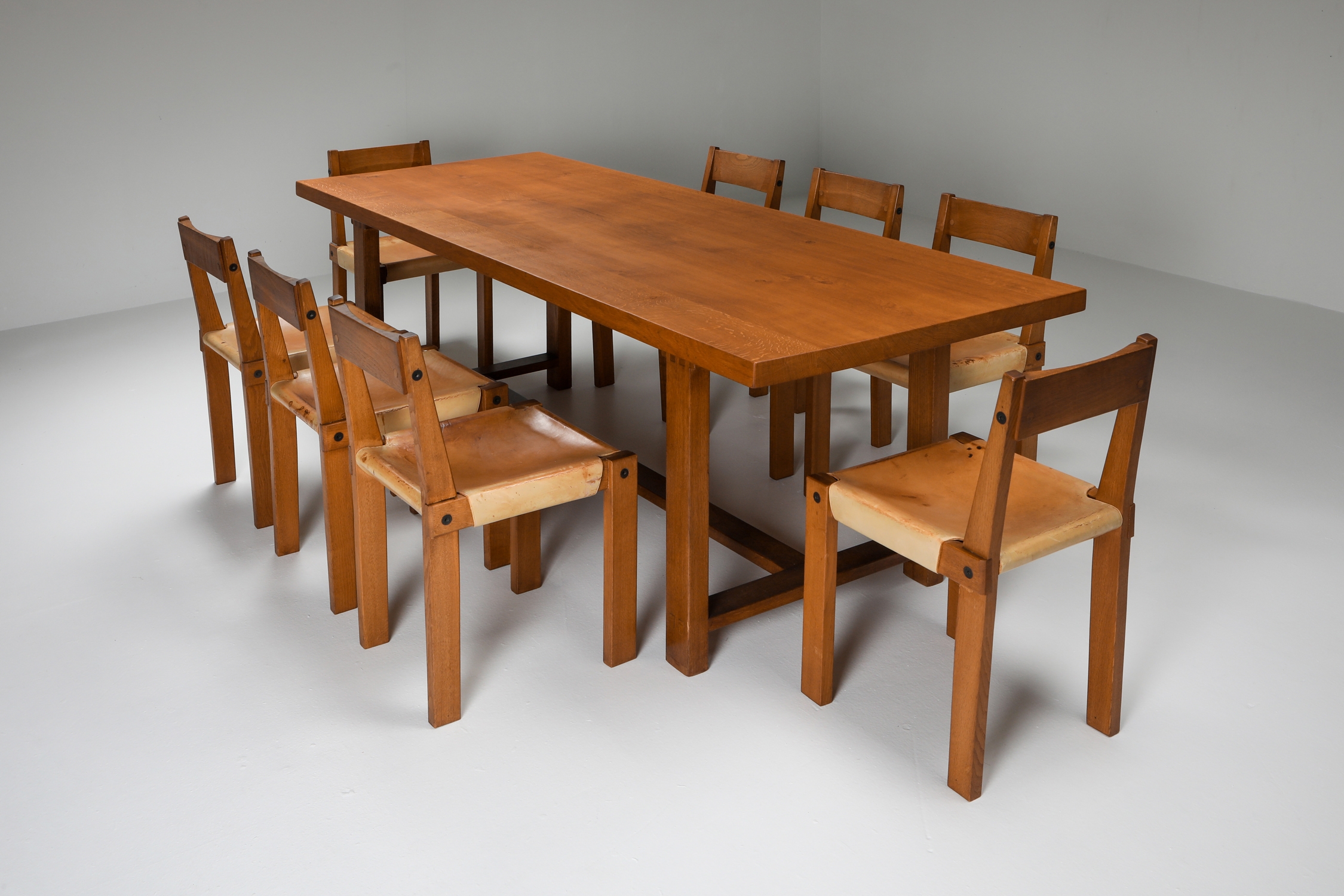 Pierre Chapo dining set with T01D table and S24 chairs in solid elm - 1960s