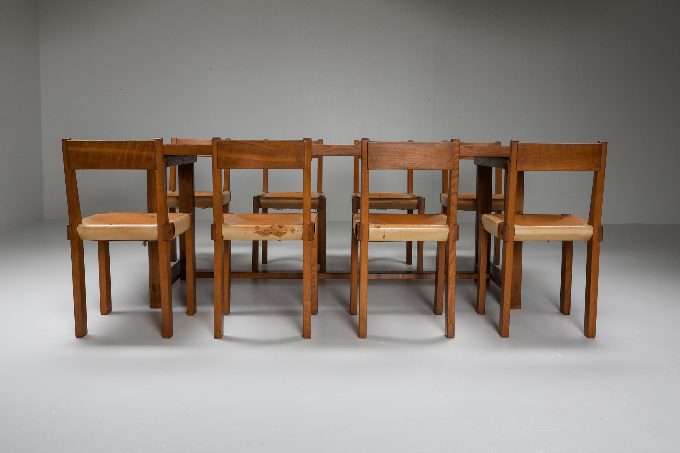 Pierre Chapo dining set with T01D table and S24 chairs in solid elm - 1960s