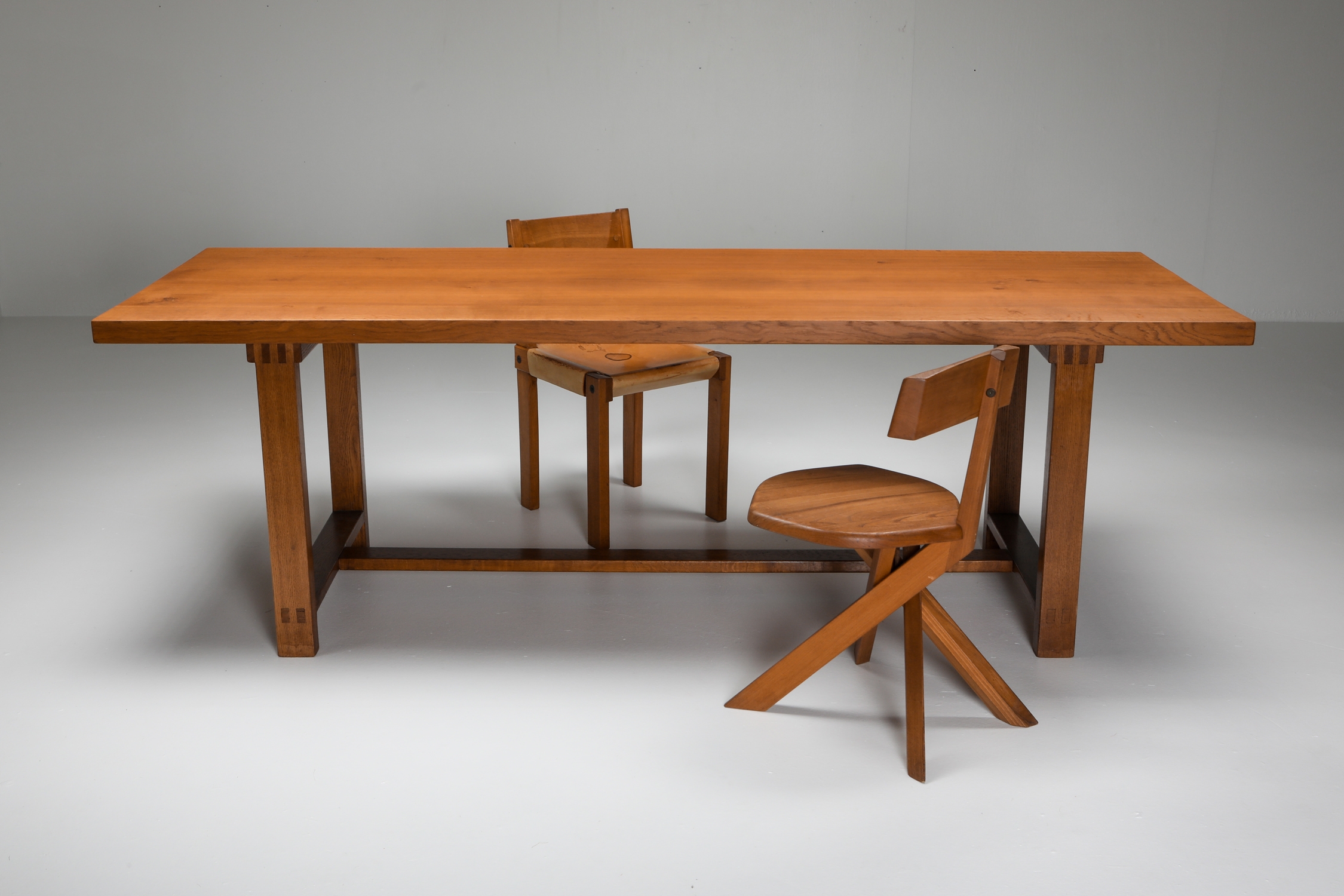 Pierre Chapo dining set with T01D table and S24 chairs in solid elm - 1960s