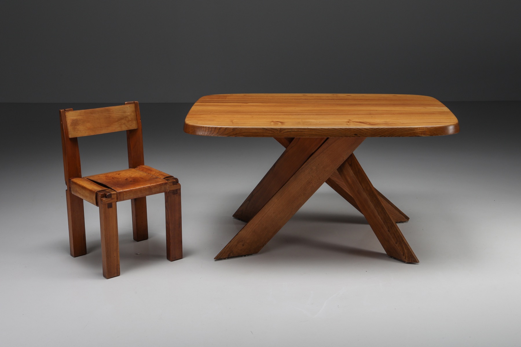 Pierre Chapo S11 Solid Elm & Leather Dining Chairs - 1960's