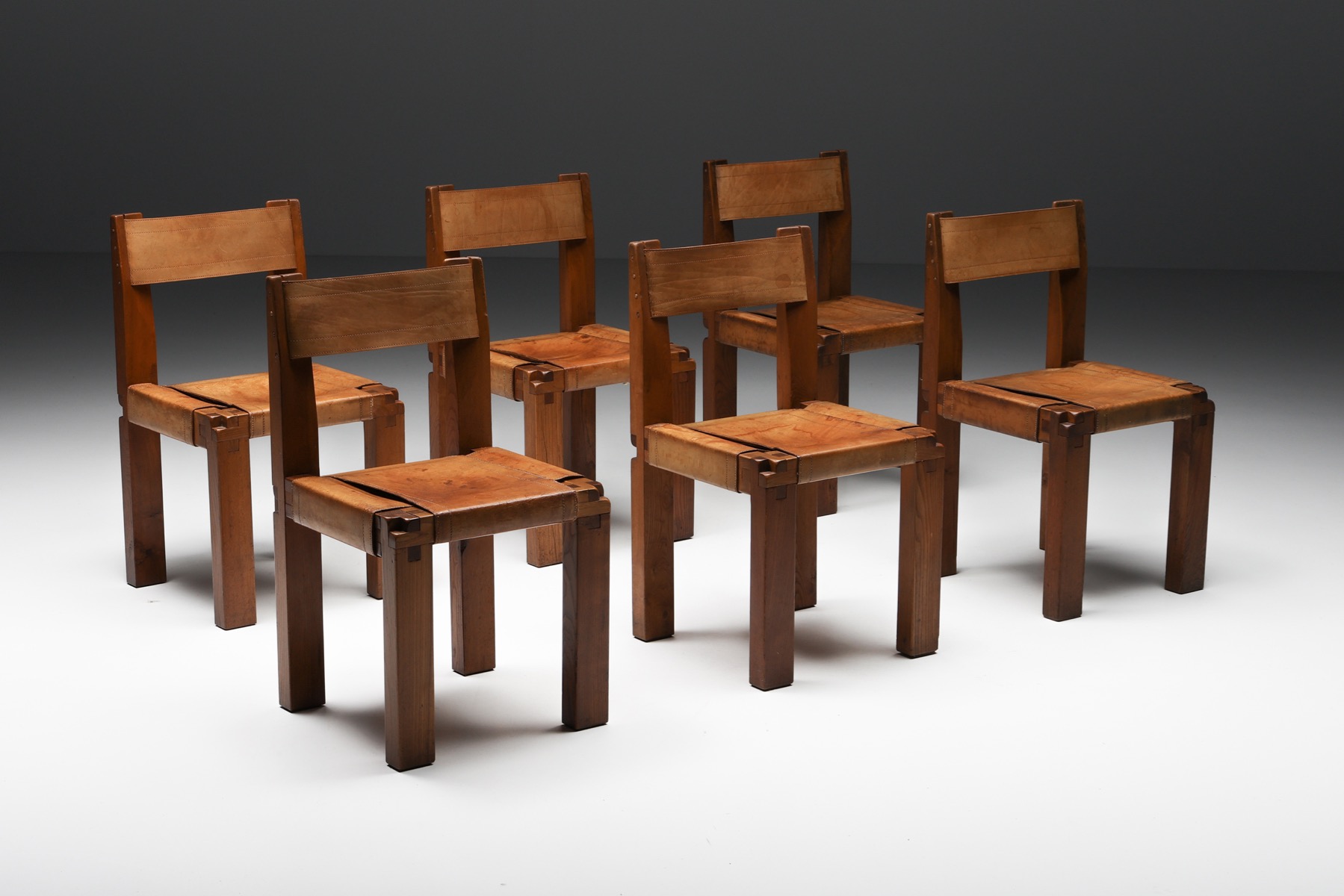 Pierre Chapo S11 Solid Elm & Leather Dining Chairs - 1960's