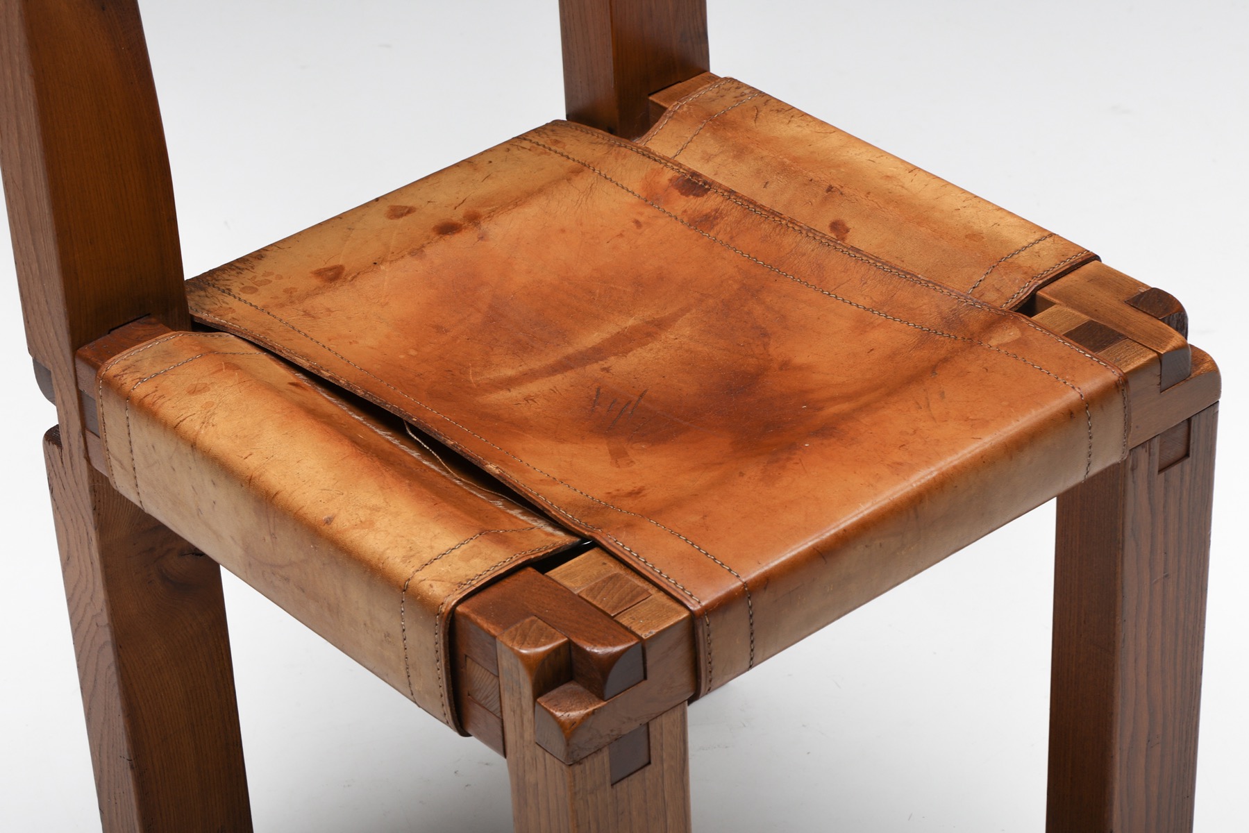 Pierre Chapo S11 Solid Elm & Leather Dining Chairs - 1960's