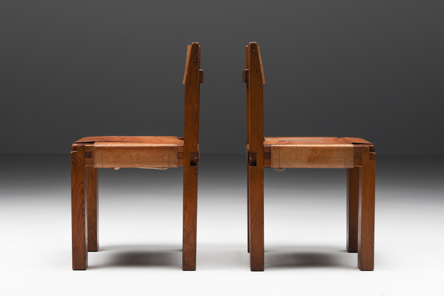 Pierre Chapo S11 Solid Elm & Leather Dining Chairs - 1960's