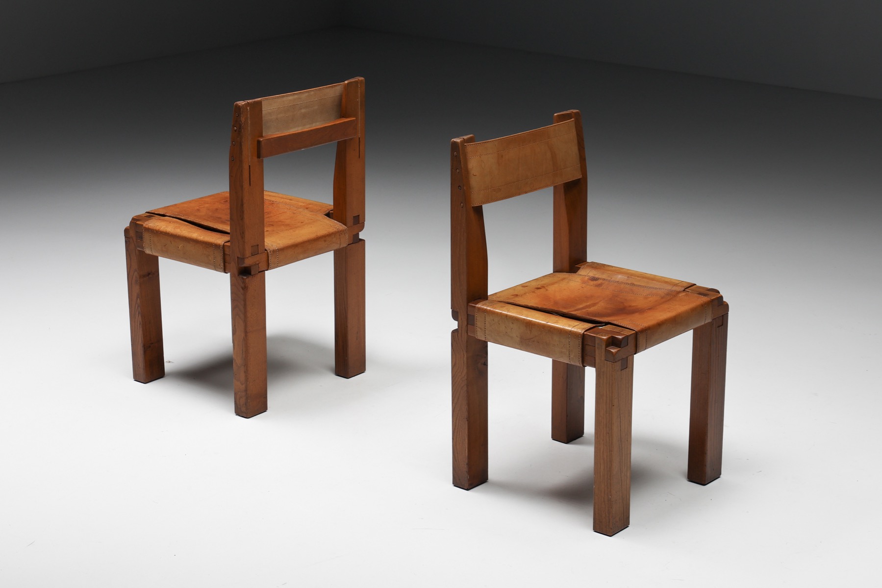 Pierre Chapo S11 Solid Elm & Leather Dining Chairs - 1960's