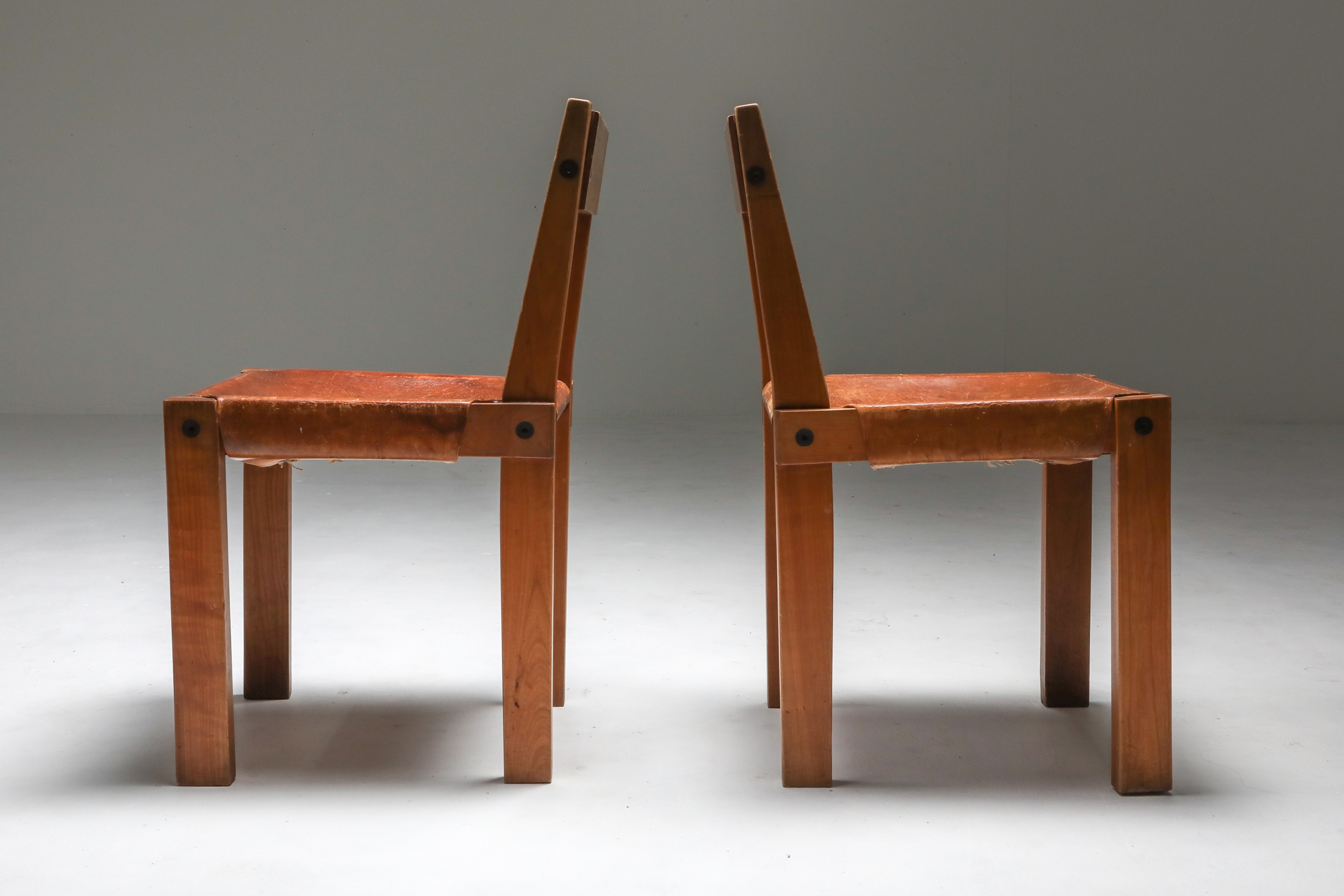 Pierre Chapo 'S24' Chairs in Elm and Cognac Leather - 1970's