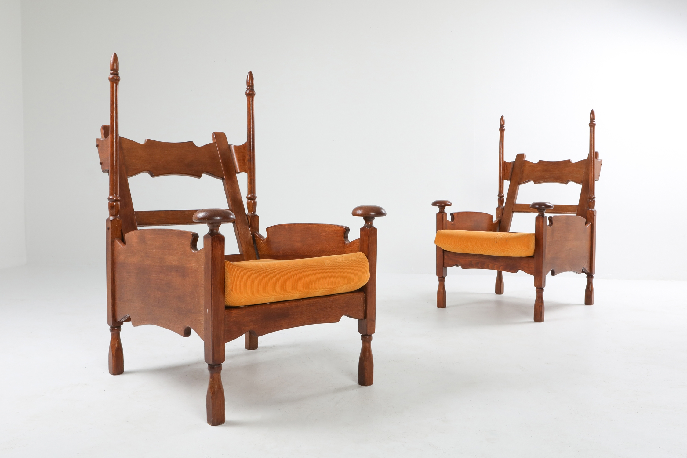 Oak Throne Chairs With Adjustable Side Table - 1950s
