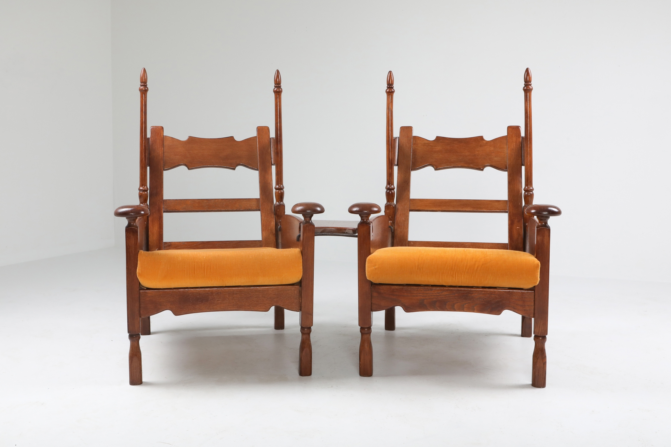 Oak Throne Chairs With Adjustable Side Table - 1950s